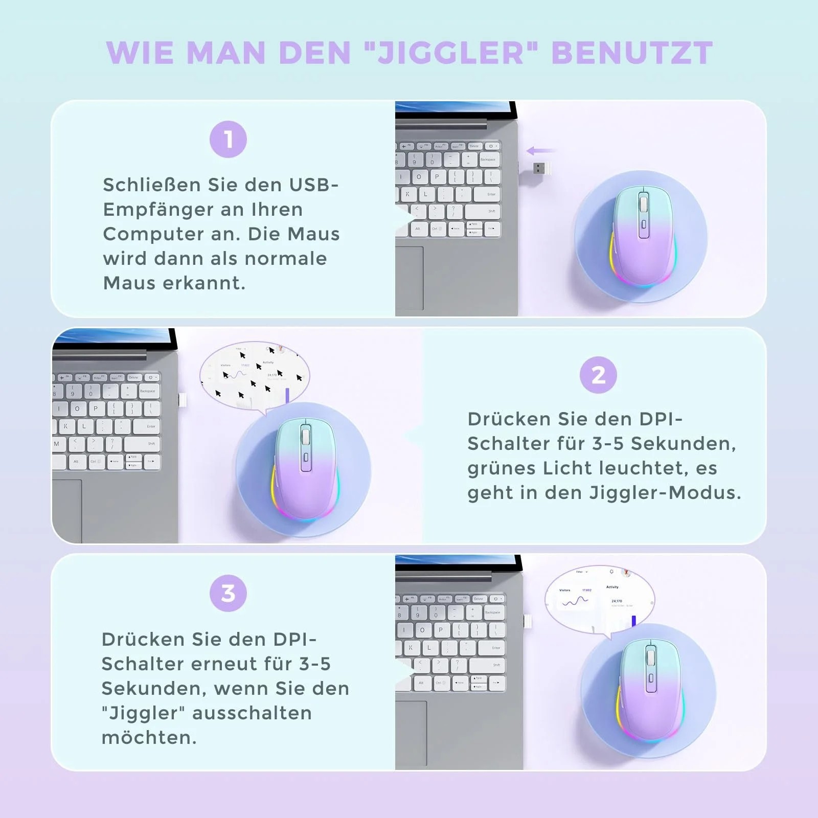 Мышь беспроводная Seenda с LED подсветкой, перезаряжаемая с Jiggler, тихая 2.4G USB, DPI 2000, светло-зеленый и фиолетовый, фото №5