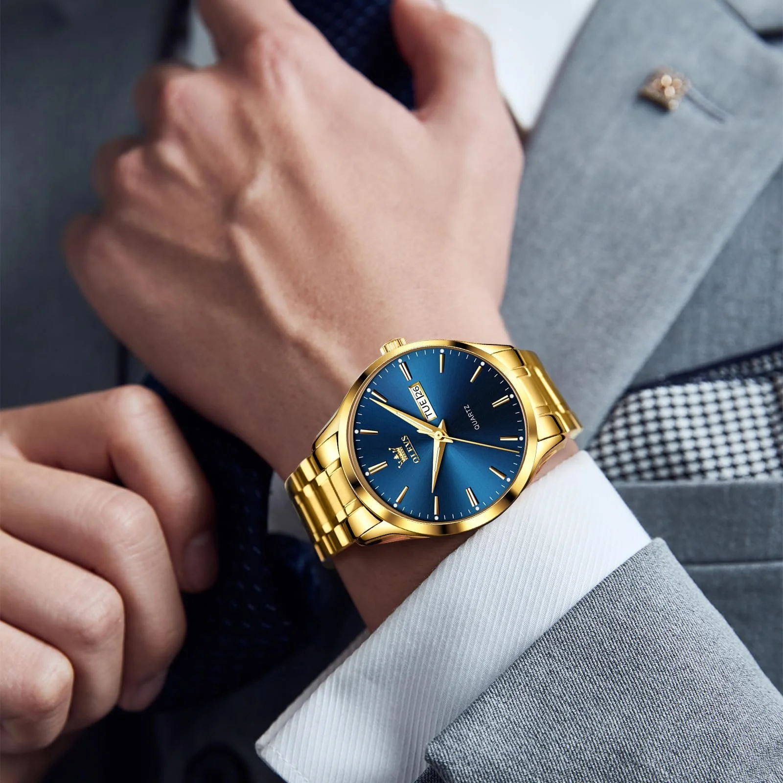 Чоловічий годинник OLEVS Золотий, Кварцовий аналоговий годинник з великим циферблатом з нержавіючої сталі, фото №3