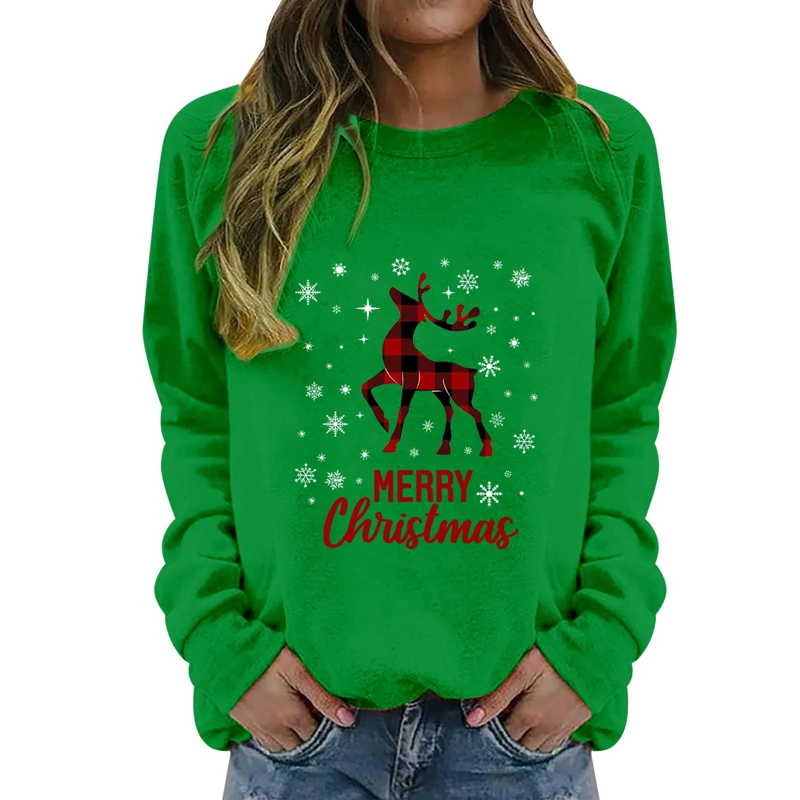 Рождественский свитер Женский Длинный рукав Круглый вырез Смешной Рождество Разноцветный с принтом Снеговик Свитшот Большой размер Дешевый свитер, фото №1