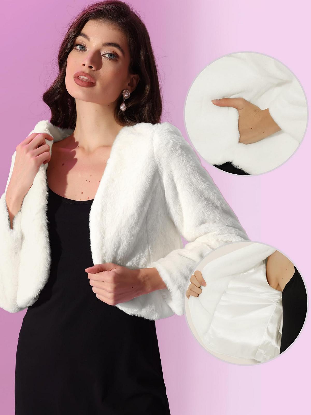 Женская куртка Allegra K Bolero из искусственного меха с длинными рукавами, укороченная зимняя, фото №2