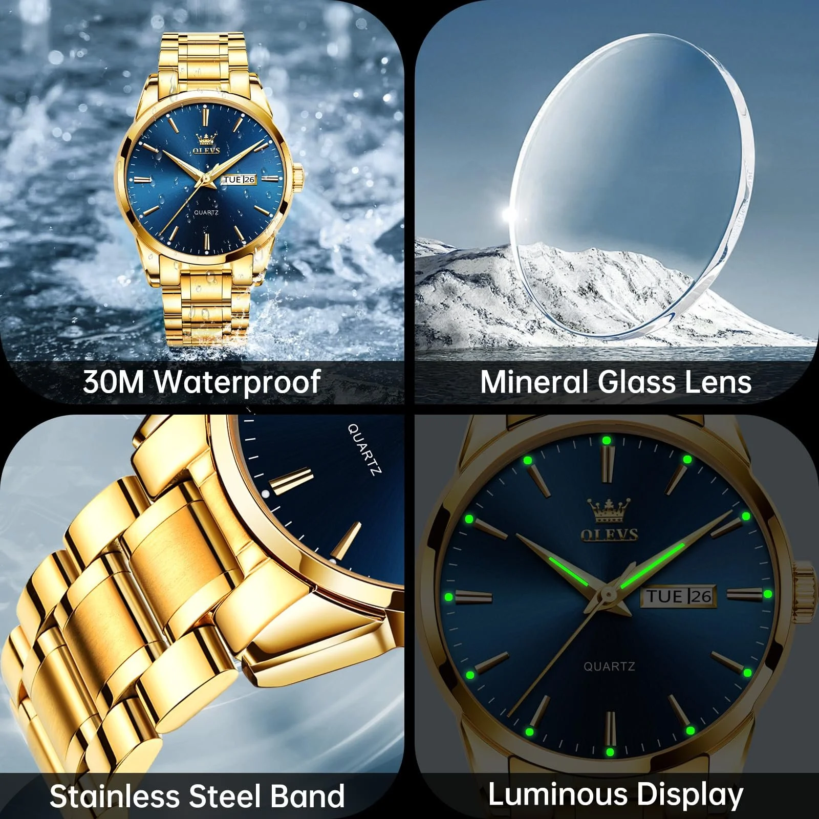 Чоловічий годинник OLEVS Золотий, Кварцовий аналоговий годинник з великим циферблатом з нержавіючої сталі, фото №5