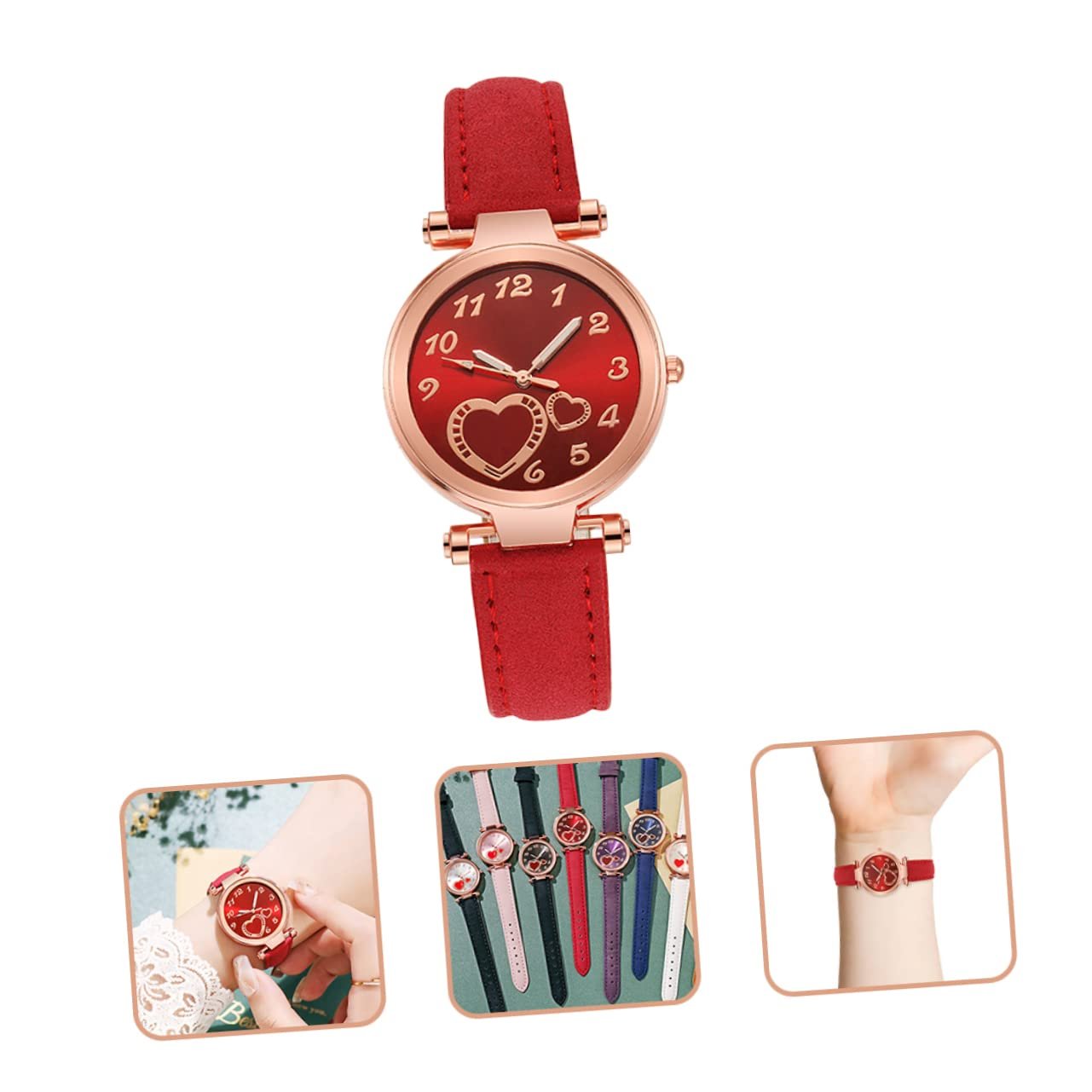 Часы женские PartyKindom с матовым кожаным ремешком, декоративным дизайном в форме персикового сердца, фото №8