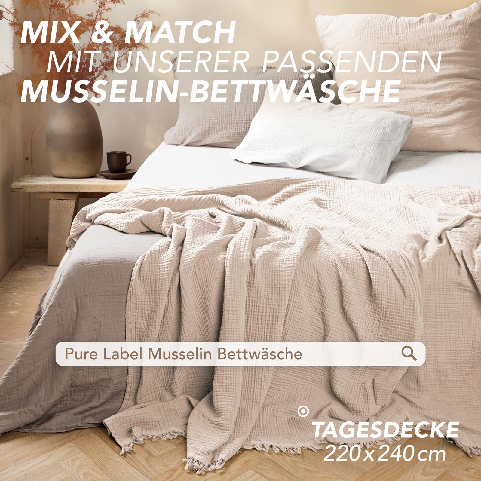 Плед Muslin Pure Label 220 x 240 см, сертифицировано Oeko-Tex, 100% хлопок, муслиновое Плед для дома и уюта для дивана и кушетки в XXL, цвет: бежевый, фото №4 Плед Muslin Pure Label 220 x 240 см, сертифицировано Oeko-Tex, 100% хлопок, муслиновое Плед для дома и уюта для дивана и кушетки в XXL, цвет: бежевый, фото №4