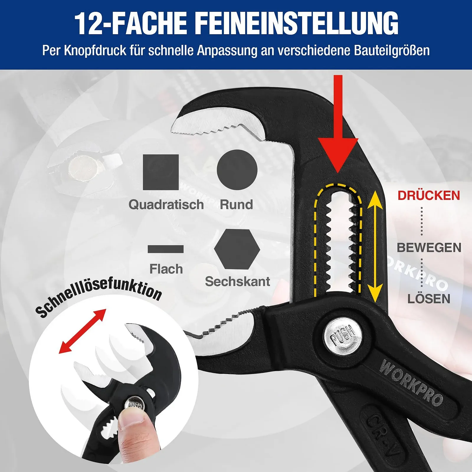 Набор плоскогубцев для водяного насоса WORKPRO 2 шт 180 мм и 250 мм Быстро регулируемые ручки для шланга Скользящее соединение с большой емкостью челюсти и нескользящей ручкой, фото №5