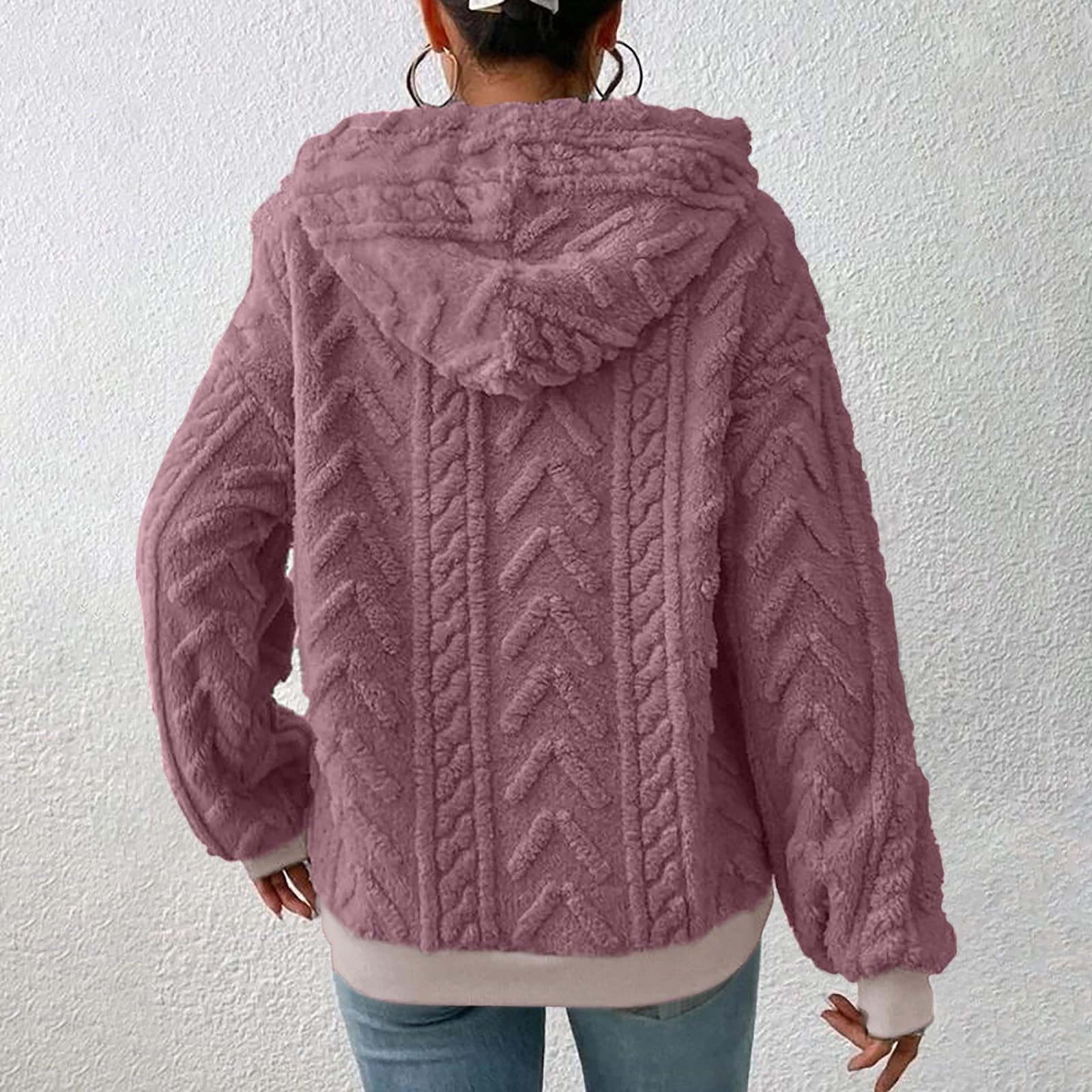 Жіноча плюшева кофта з капюшоном однотонна з довгими рукавами, фото №6 Жіноча плюшева кофта з капюшоном однотонна з довгими рукавами, фото №6