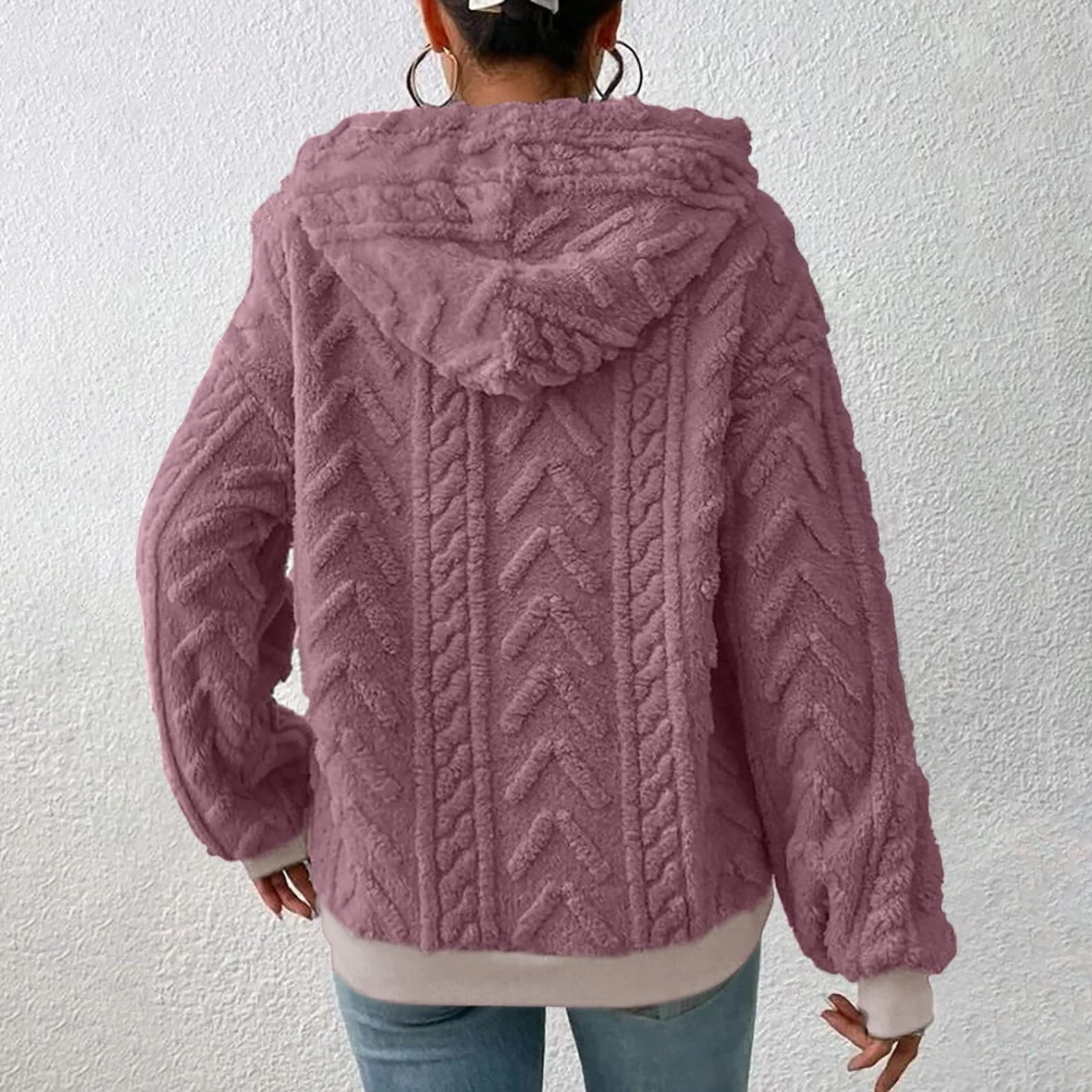 Женская плюшевая кофта с капюшоном однотонная с длинными рукавами., фото №6