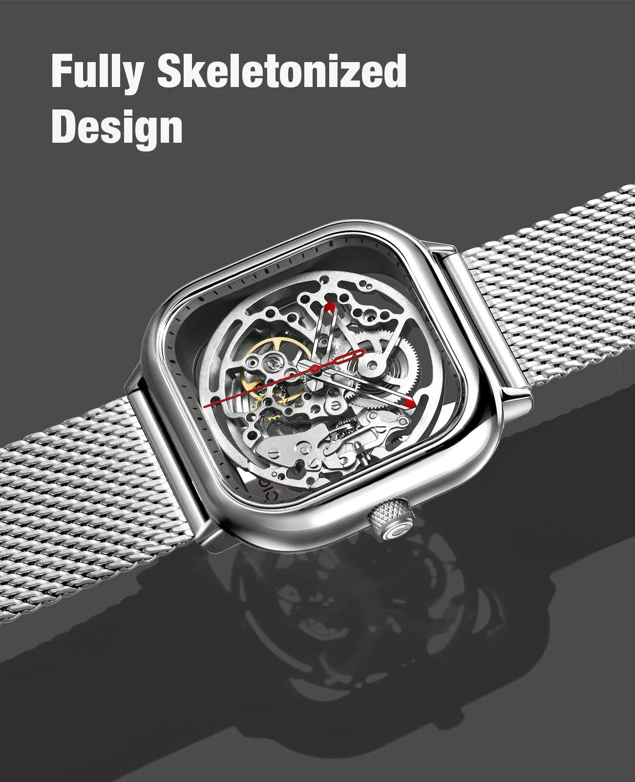 Автоматические часы CIGA Design C Series Мужские 40 мм Квадратные скелетоны Часы из нержавеющей стали Сапфировое стекло с миланским и кожаным ремешком, фото №3 Автоматические часы CIGA Design C Series Мужские 40 мм Квадратные скелетоны Часы из нержавеющей стали Сапфировое стекло с миланским и кожаным ремешком, фото №3