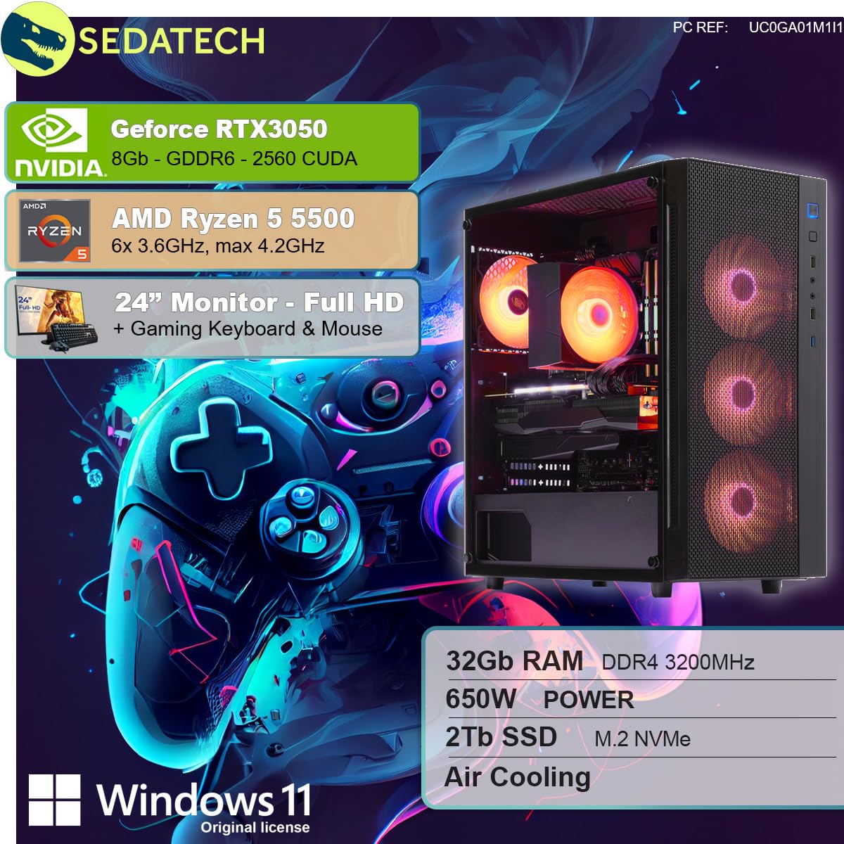 Комплект Sedatech Advanced Gaming PC AMD Ryzen 5 5500 RTX3050 32 GB RAM 2TB SSD M.2 Windows 11 Монітор 24 Дюйми, фото №2