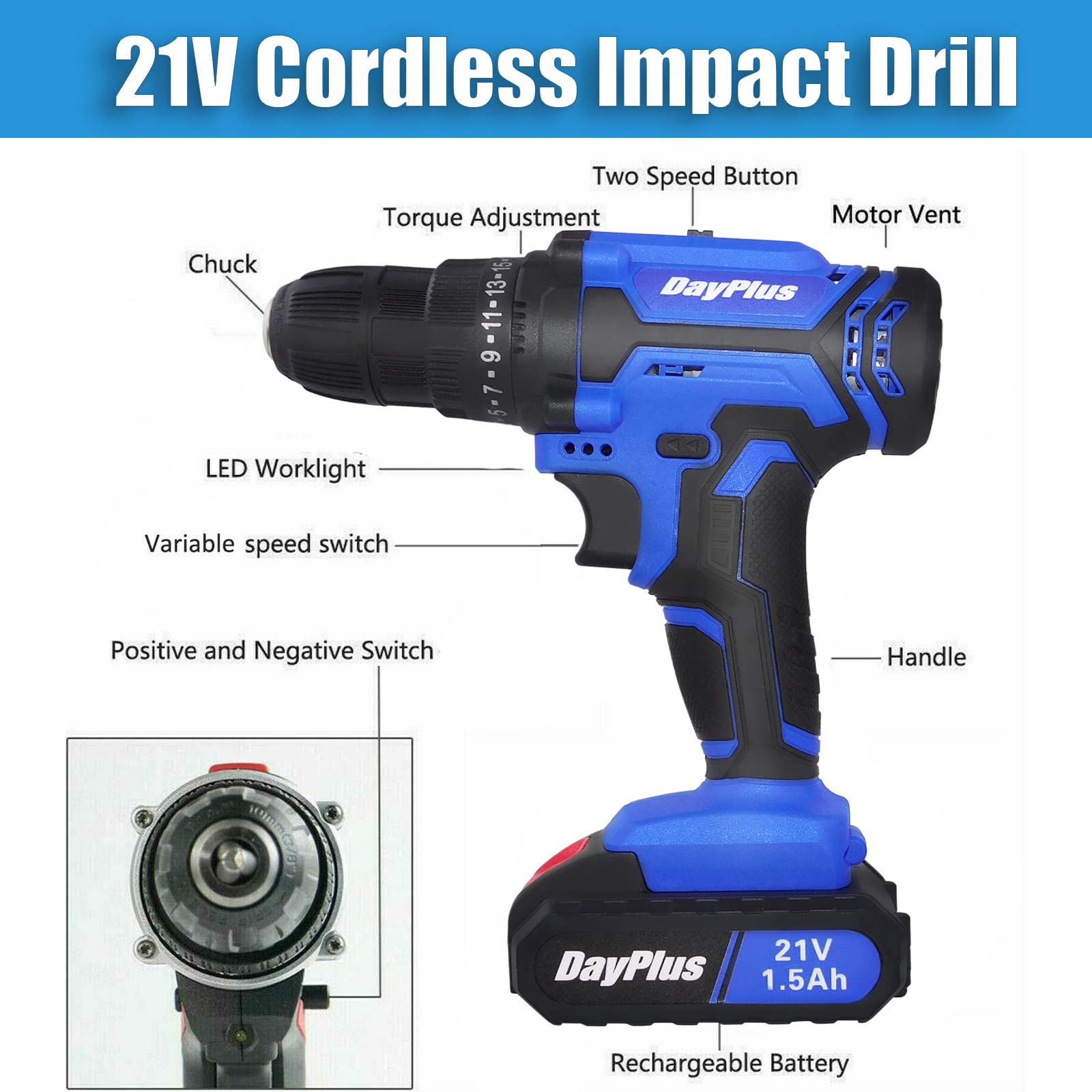 Аккумуляторная дрель 1500 мА·ч 3/8 дюйма Бесключевой патрон 2 скорости Макс 1400 об/мин 25+1 Нм Портативная отвертка с 26 сверлами и кейсом, фото №2
