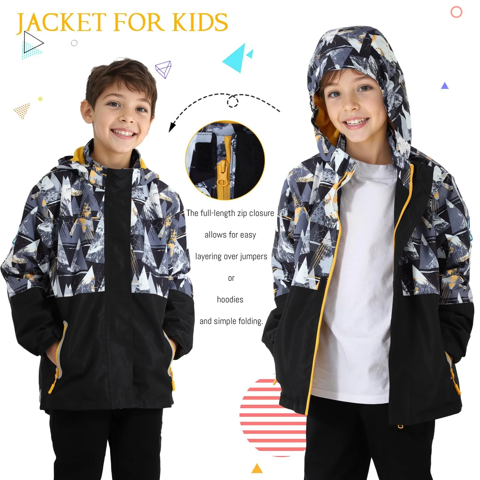 Водонепроникна куртка з капюшоном для хлопчиків BWBIKE, кольорова, легка вітрозахисна з флісовою підкладкою для дітей, фото №2