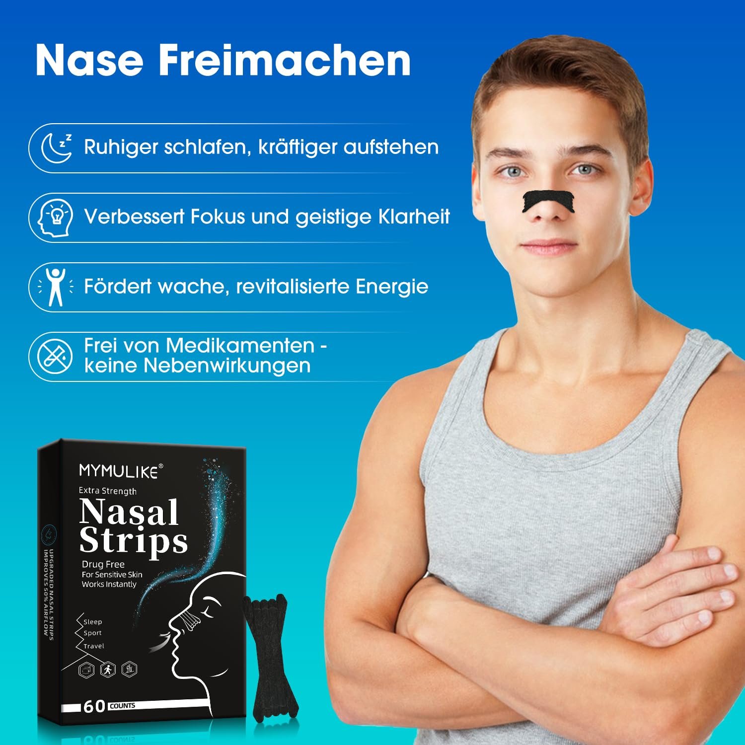 Носові пластирі MYMULIKE 60 шт. для полегшення дихання, проти хропіння та закладеності носа, фото №6