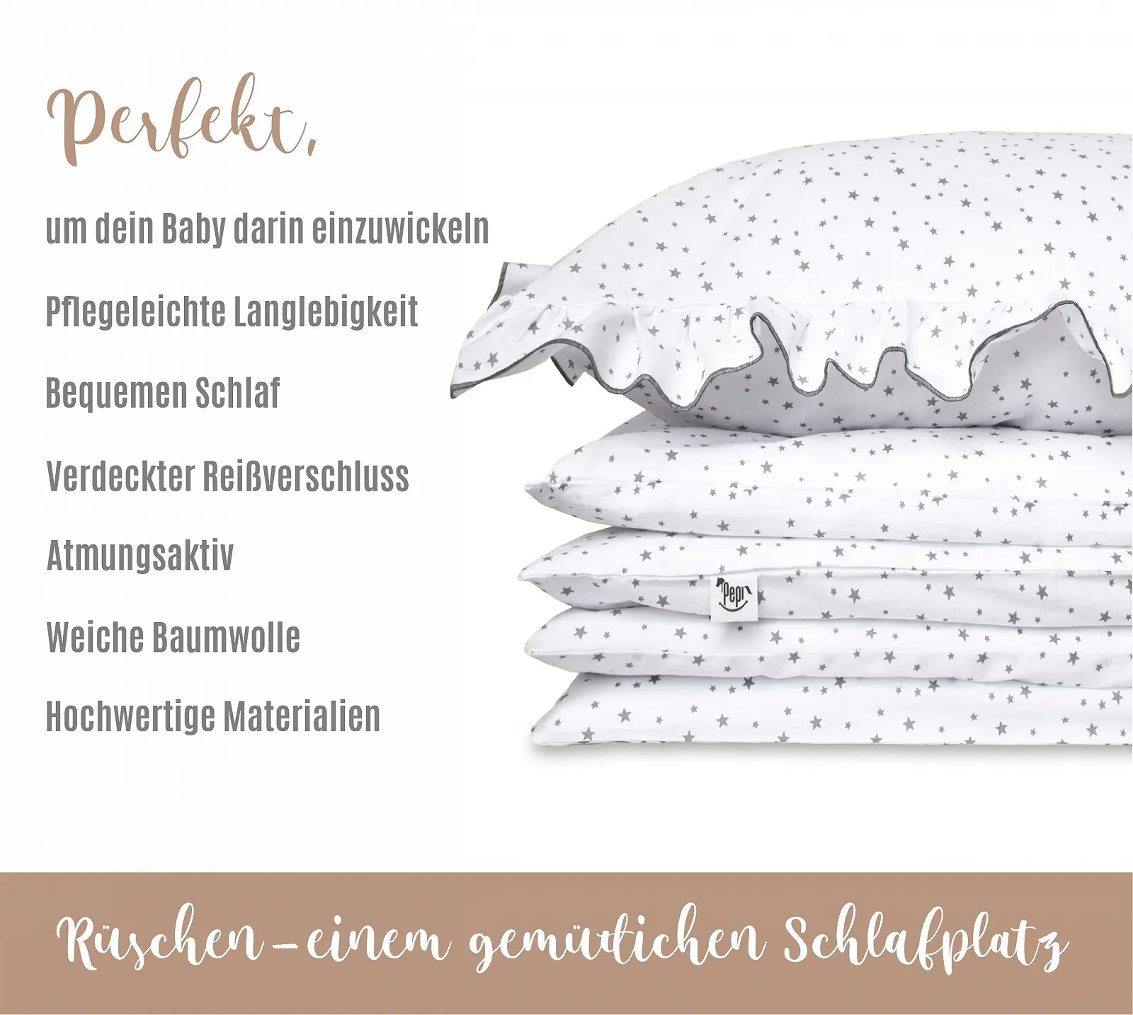 Постільна білизна Pepi White Ruffles Муслін 140 x 200 см та 40 x 60 см Grey Galaxy, фото №4 Постільна білизна Pepi White Ruffles Муслін 140 x 200 см та 40 x 60 см Grey Galaxy, фото №4