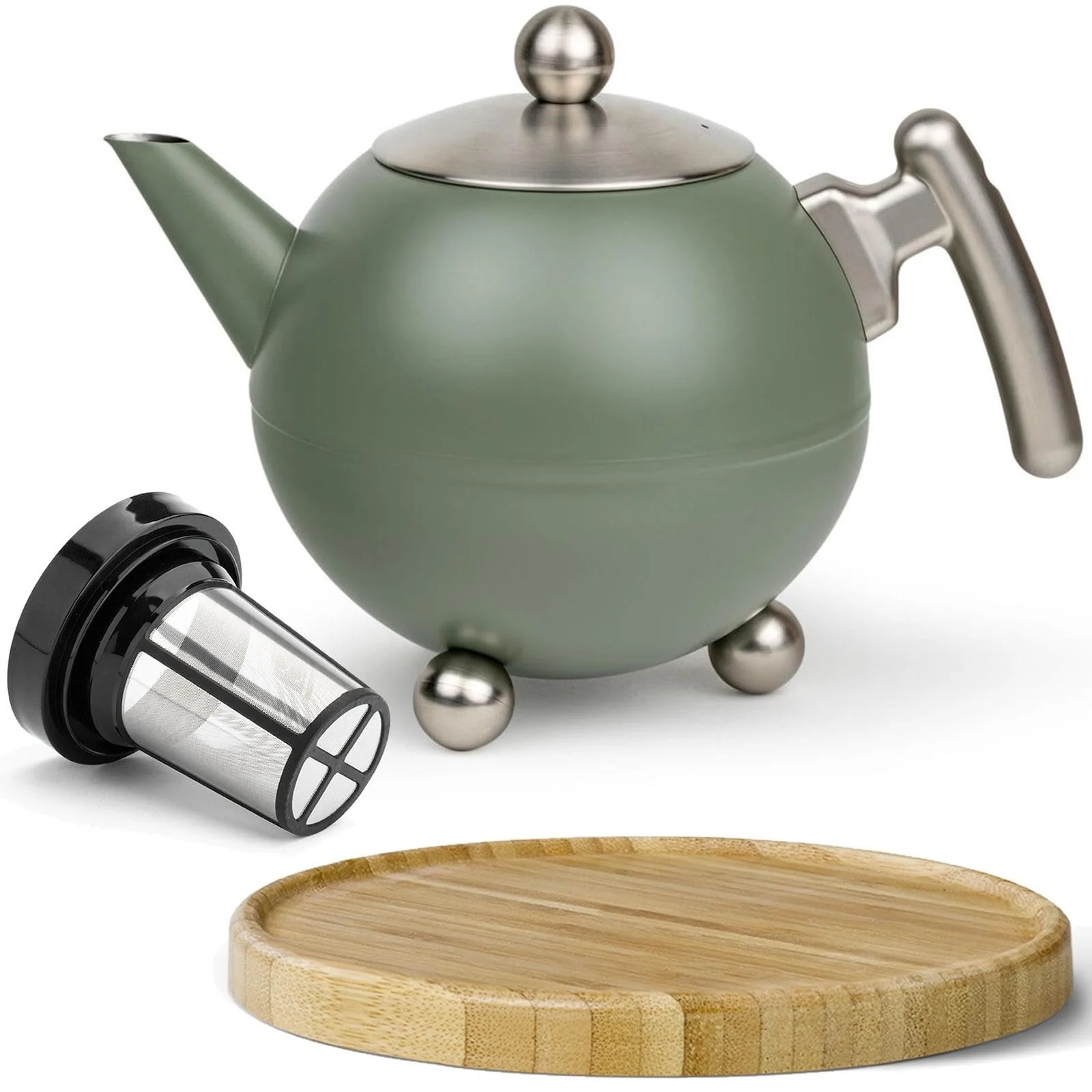Чайник-заварник Bredemeijer 1.2 літра Зелена куля з нержавіючої сталі, двостінний, з фільтром і дерев'яною підставкою, фото №1