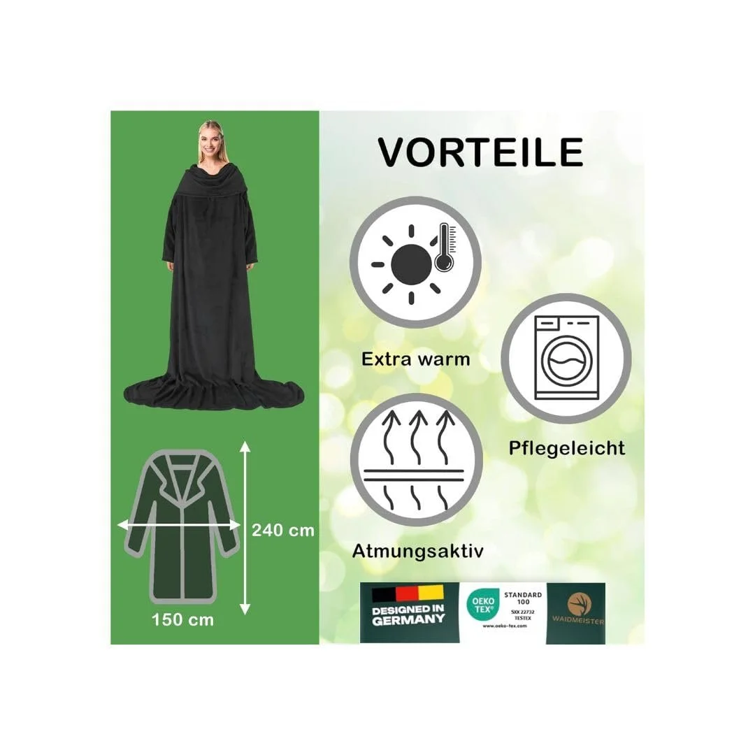 Одеяло с рукавами Waidmeister XXL 150 x 240 см - Теплое, мягкое и пушистое - Уютное одеяло с рукавами для взрослых - TV одеяло с рукавами для мужчин и женщин - Oeko-Tex 100 (Антрацит), фото №2