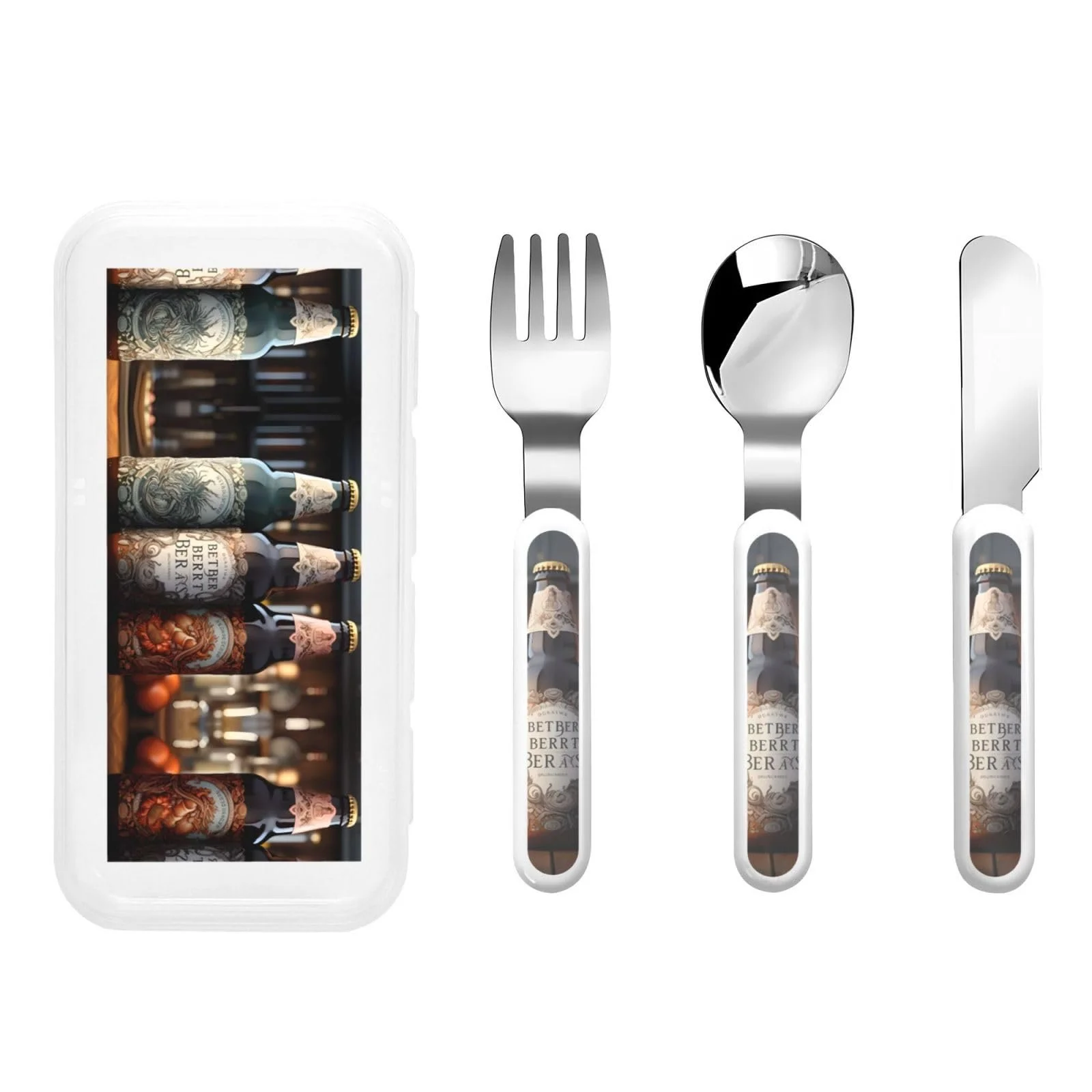 Набір дитячих столових приборів з трьох предметів з принтом "3 пивні пляшки", фото №1 Набір дитячих столових приборів з трьох предметів з принтом "3 пивні пляшки", фото №1