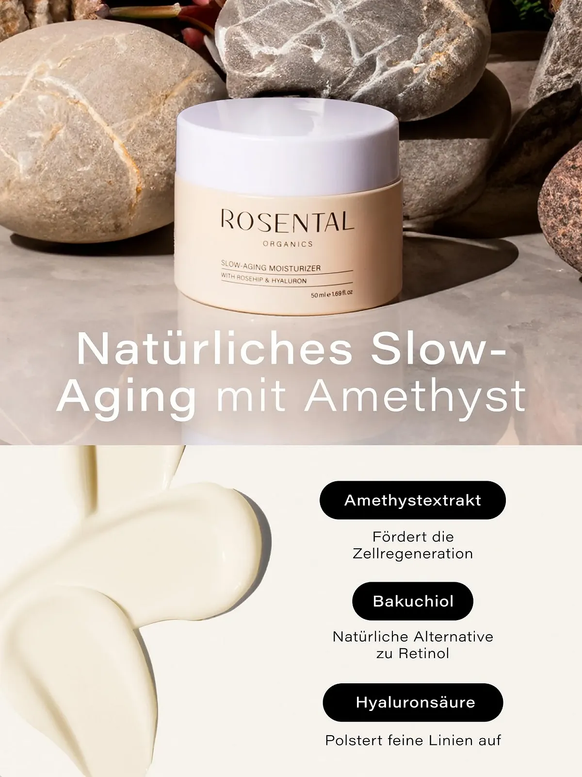 Зволожувальний крем Rosental Organics Slow Aging антивіковий з гіалуроновою кислотою трояндовою водою та олією шипшини 50 мл, фото №3