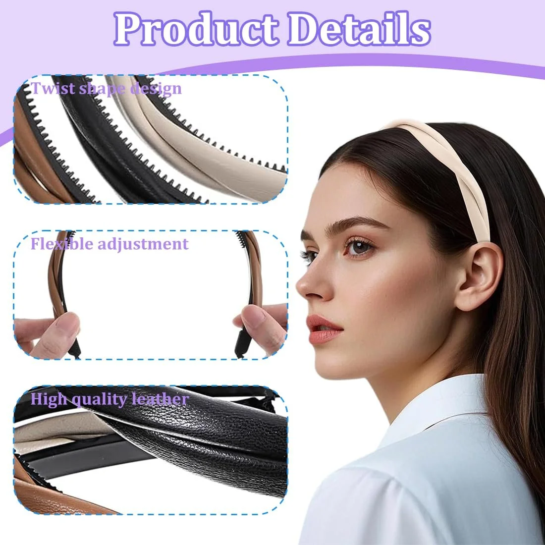 Набір жіночих обручів на голову зі шкіри, 3 шт., фото №3