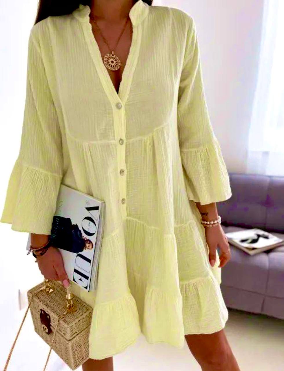 Женское короткое летнее платье из муслина CO65 цвет желтый размер 48/52, фото №1