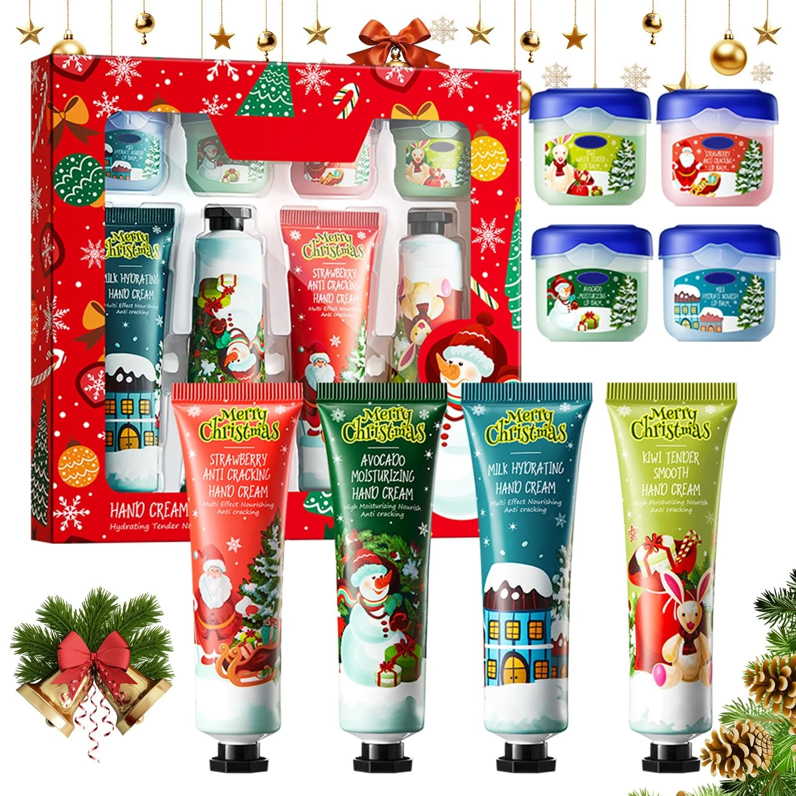 Набор из 8 рождественских бальзамов для губ и кремов для рук, питательный и увлажняющий крем для рук, рождественские подарки, для сухой и потрескавшейся кожи губ и рук, для женщин и мужчин, фото №1