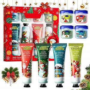 Набор из 8 рождественских бальзамов для губ и кремов для рук, питательный и увлажняющий крем для рук, рождественские подарки, для сухой и потрескавшейся кожи губ и рук, для женщин и мужчин - Фото 1