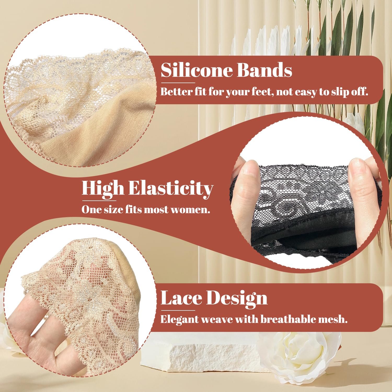 Женские носки-невидимки Кружевные 6 пар - Черный + Натуральный, фото №3