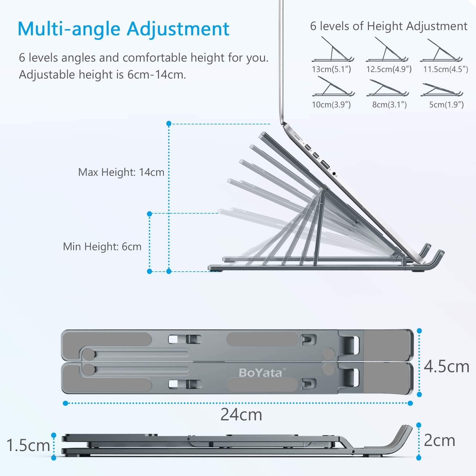 Підставка для ноутбука BoYata, 6 рівнів регулювання висоти, портативна, складана алюмінієва, сумісна з MacBook Air, Dell XPS, більшістю ноутбуків 10-15,6 дюймів, фото №2 Підставка для ноутбука BoYata, 6 рівнів регулювання висоти, портативна, складана алюмінієва, сумісна з MacBook Air, Dell XPS, більшістю ноутбуків 10-15,6 дюймів, фото №2