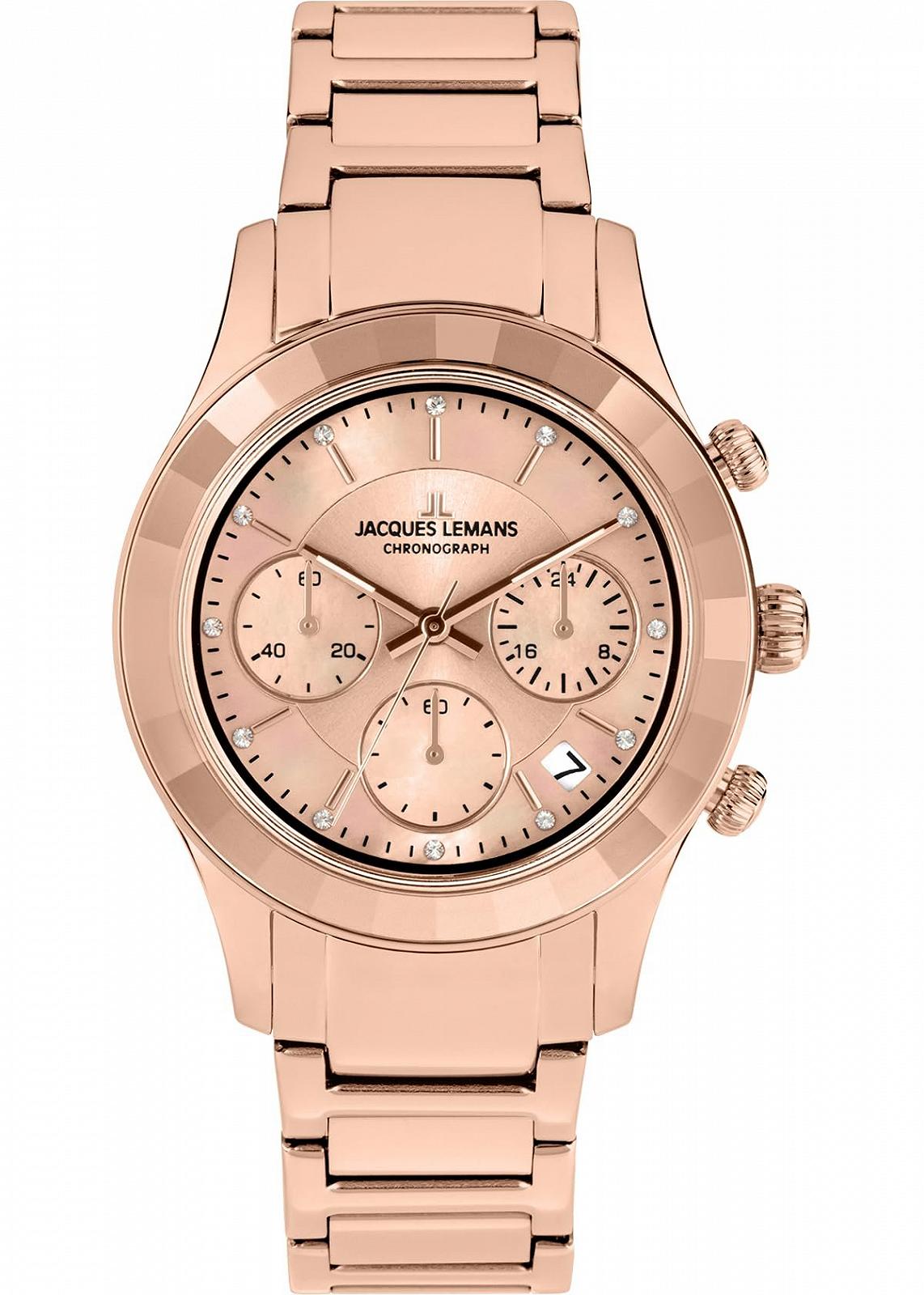 Женские часы Хронограф JACQUES LEMANS Venice Металлический браслет Камни Swarovski 1-2151I, Металлический браслет / розовый, фото №1