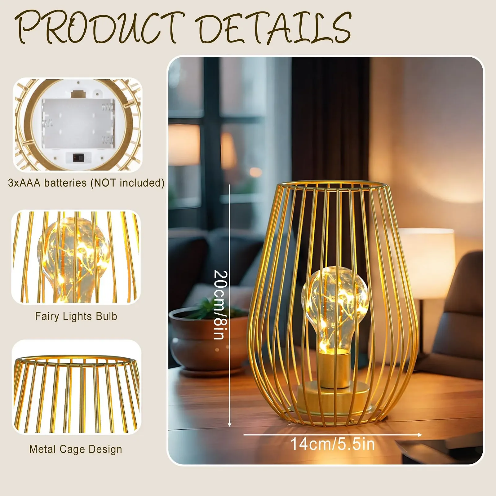 Настільна лампа TRIROCKS 20 см комплект із 2 шт. золота, фото №3