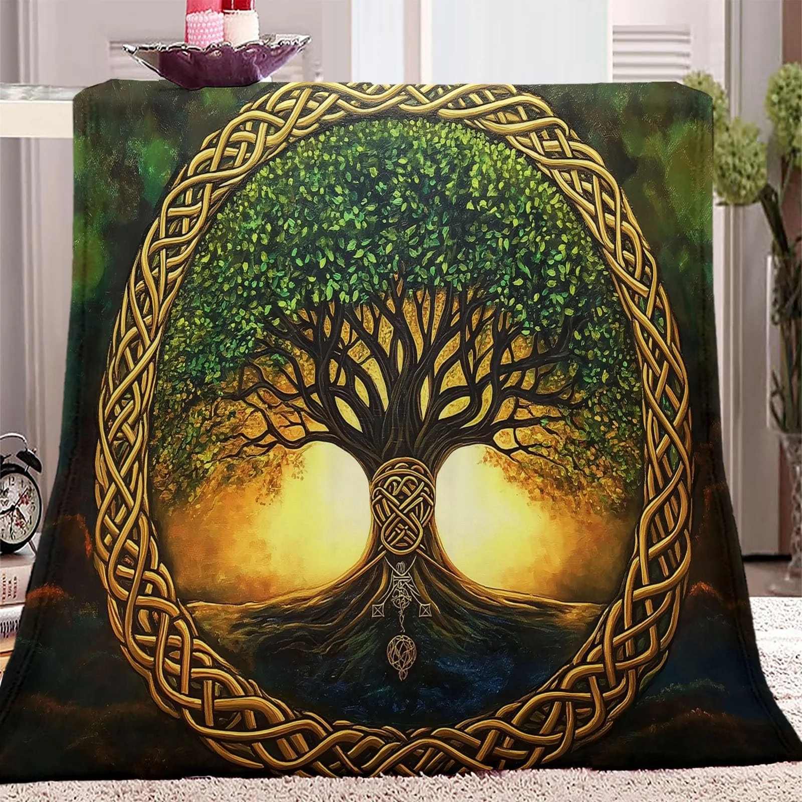 Флисовое одеяло 180 x 220 см, Минимализм, Дерево Жизни, Зеленый, фото №1