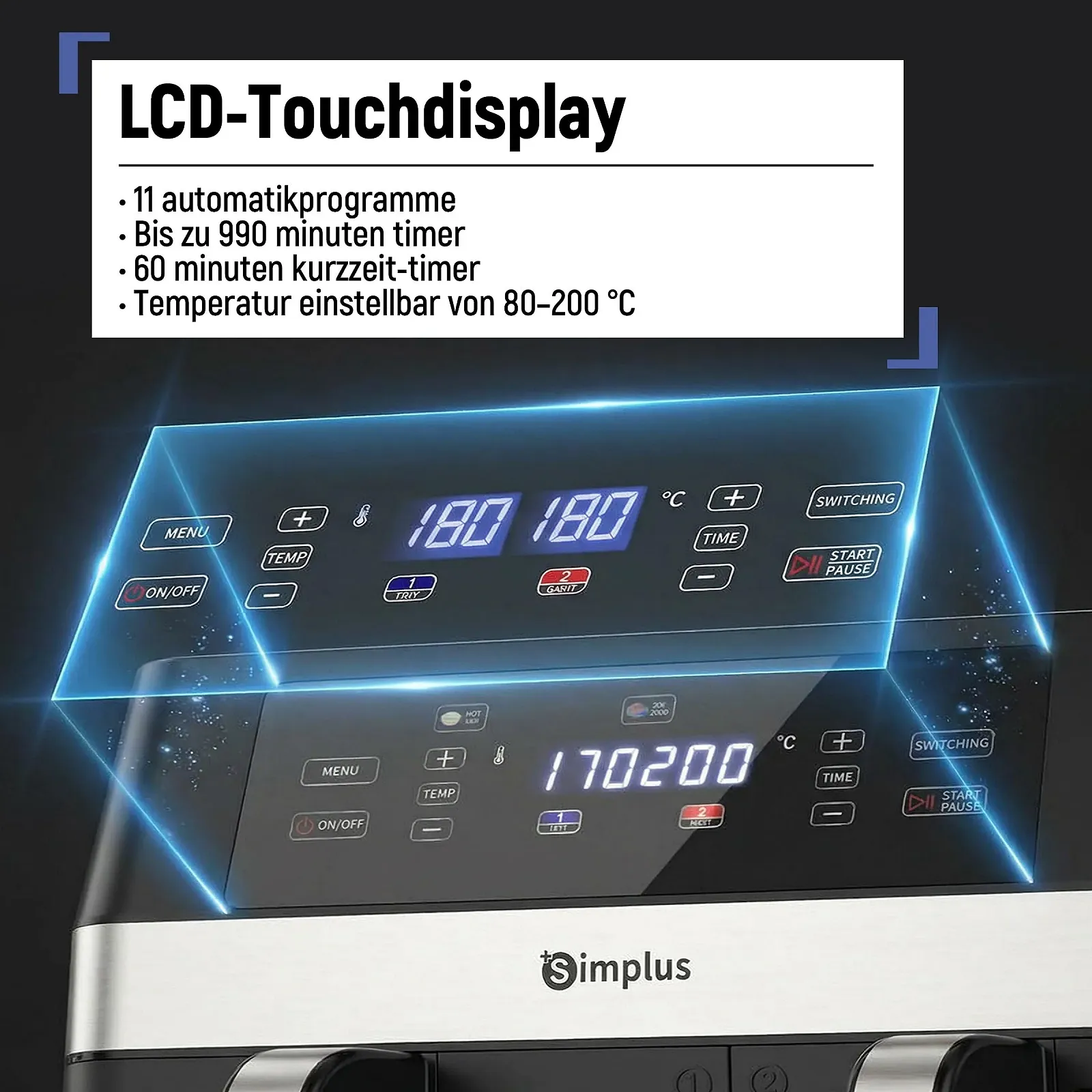 Мультипіч SIMPLUS 10 L Double Basket 11 програм 1800 W LCD Touch Screen, фото №3 Мультипіч SIMPLUS 10 L Double Basket 11 програм 1800 W LCD Touch Screen, фото №3