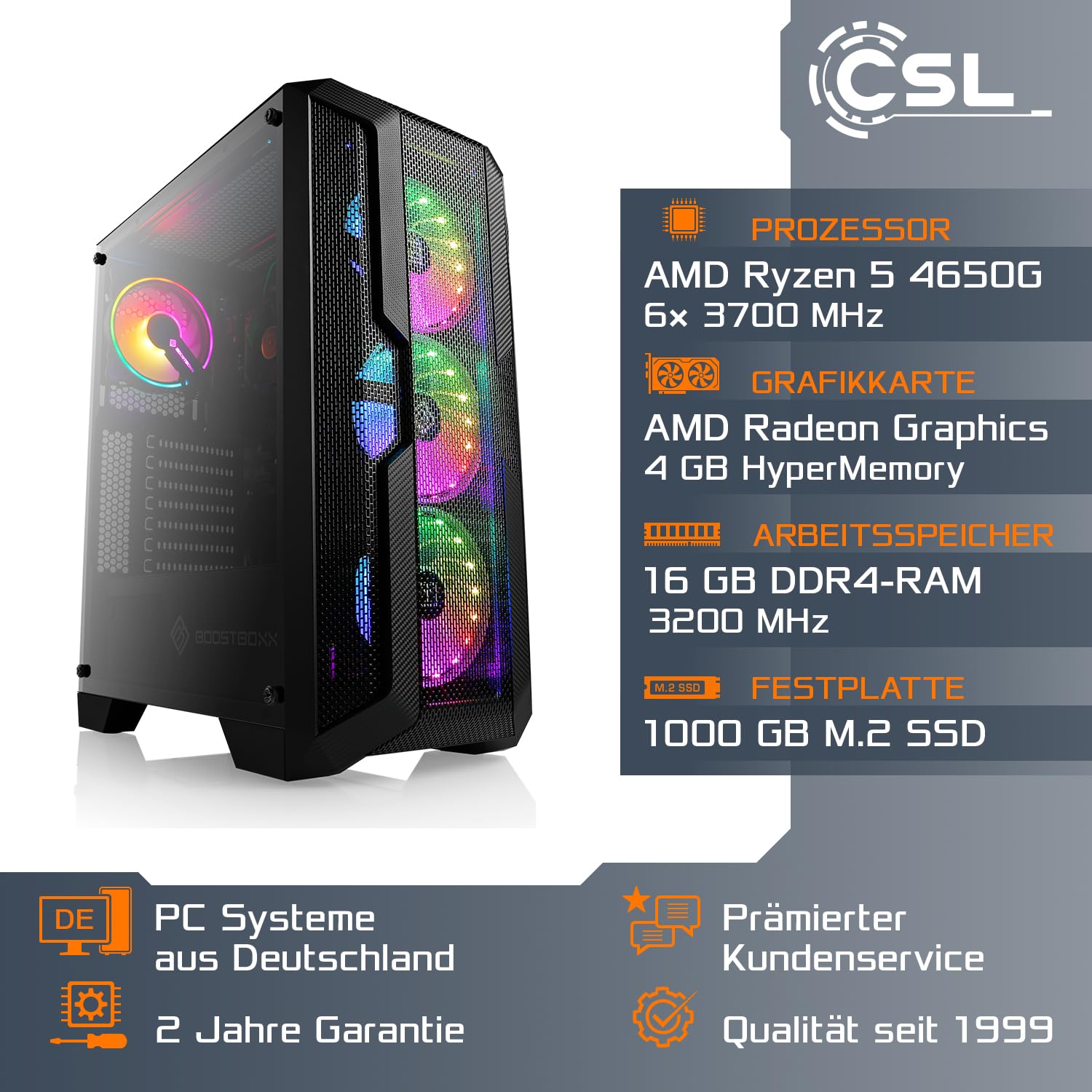 ПК Gaming Basic AMD Ryzen 5 PRO 4650G 6 x 3,7 ГГц AMD Radeon 1000 ГБ M.2 NVMe 16 ГБ DDR4 ОЗУ 27 Дюймов TFT Мышь & Клавиатура WiFi, фото №2