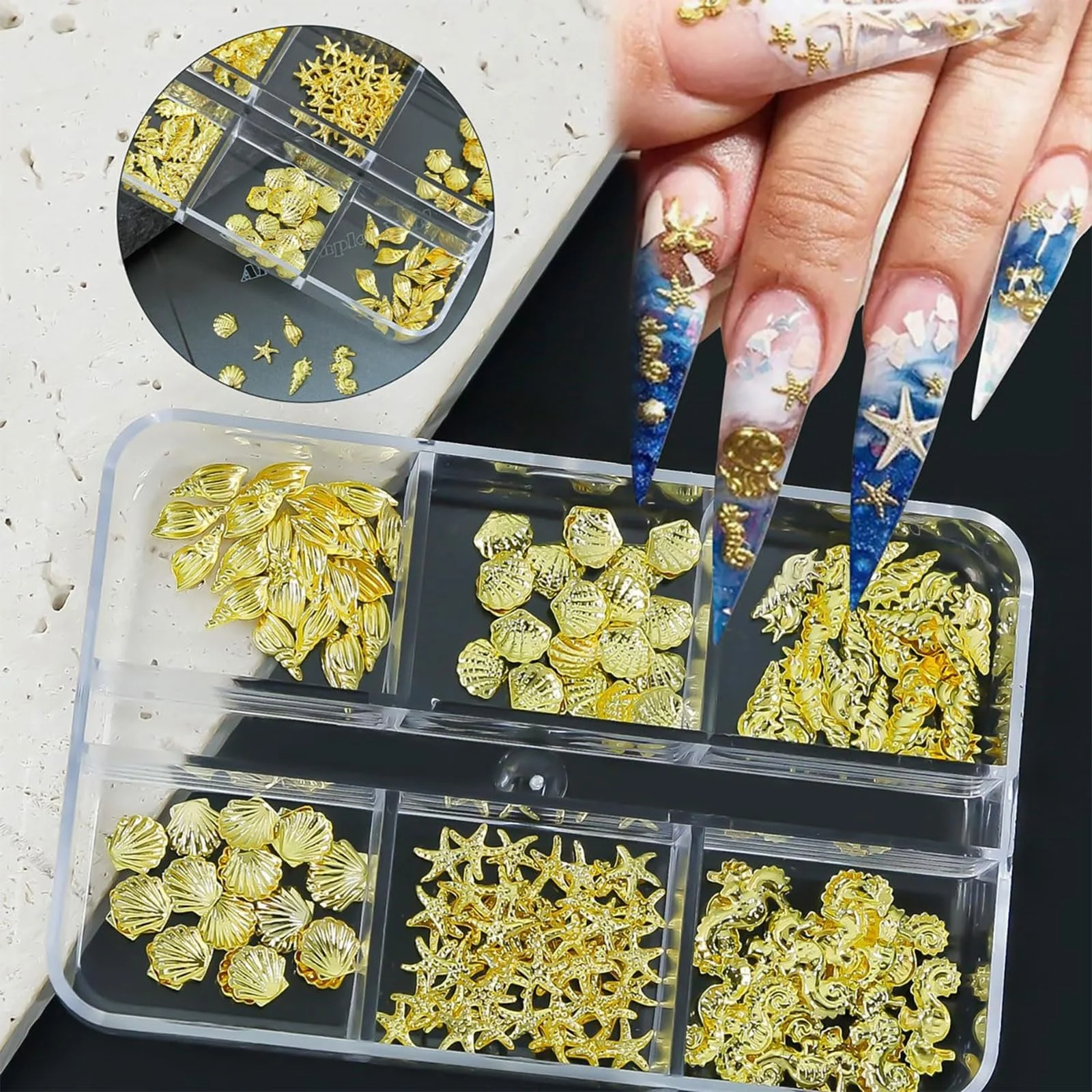 Прикраса для нігтів 6 відділень Пляжні, Золоті, фото №3