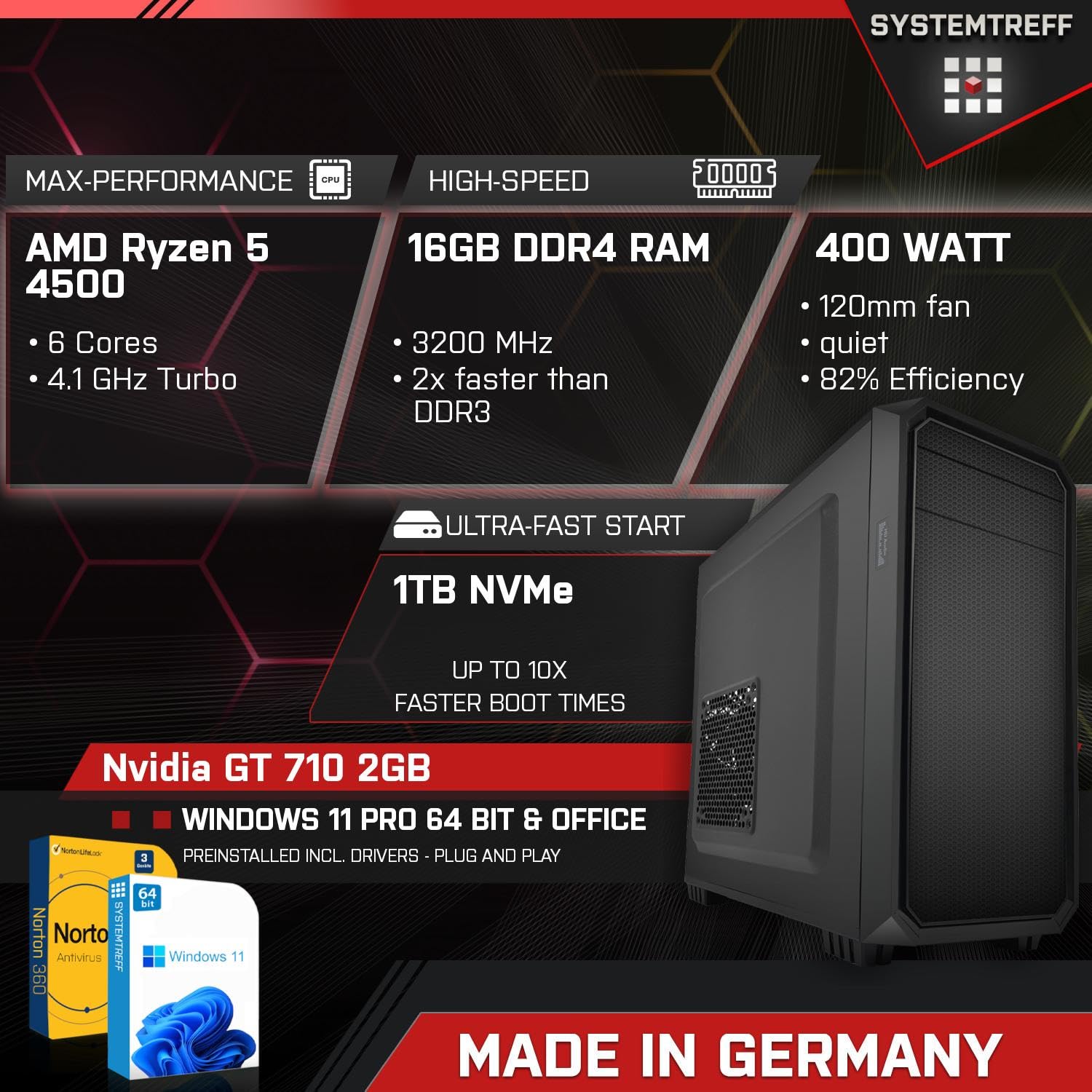 Системний блок Systemtreff Office PC AMD Ryzen 5 4500 Nvidia Geforce GT 710 2GB 1TB M.2 NVMe 16GB DDR4 WLAN, фото №2 Системний блок Systemtreff Office PC AMD Ryzen 5 4500 Nvidia Geforce GT 710 2GB 1TB M.2 NVMe 16GB DDR4 WLAN, фото №2
