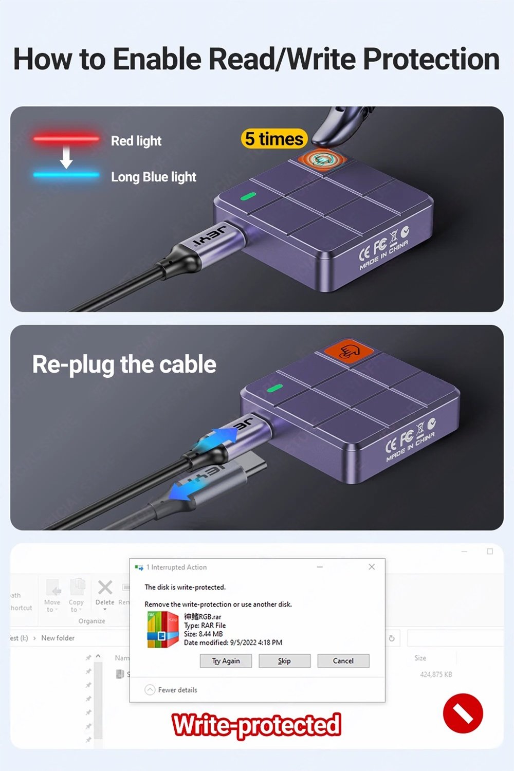 Внешний адаптер Jeyi 2230Pro 10Gbps M.2 NVMe SSD to USB с сенсором, фото №12