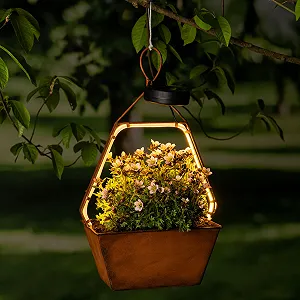 Подвесной светильник на солнечных батареях Spetebo Hexagon с чашей для растений, теплый белый светодиод, эффект ржавчины - Фото 1
