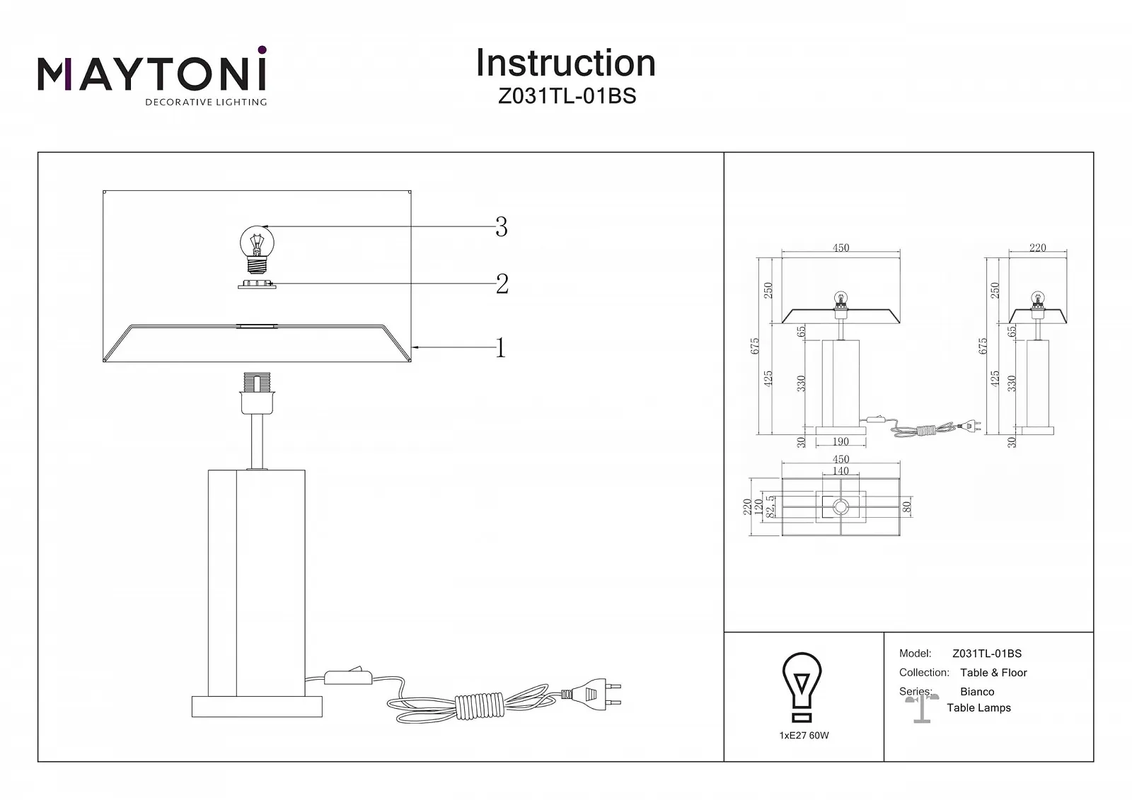 Настільна лампа Maytoni Modern Bianco 1 x E27 Латунь метал 300 люмен 60 Вт, фото №3