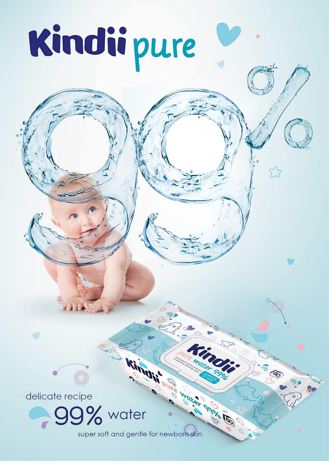 Серветки дитячі Kindii Pure Water 99% 720 штук, фото №4