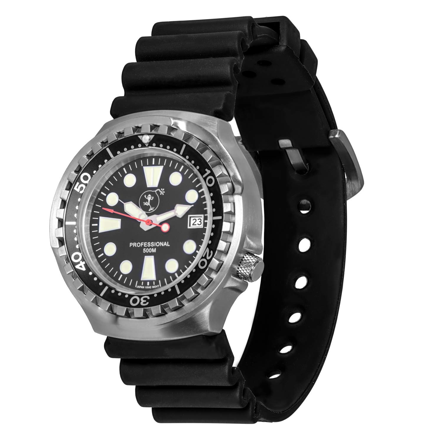 Годинник BOMBFROG PRO500 Stainless Steel Superluminova для чоловіків-дайверів з нейлоновим ремінцем у елегантному військовому стилі - Корпус з матової нержавіючої сталі з сапфіровим склом з антивідблиском, фото №2