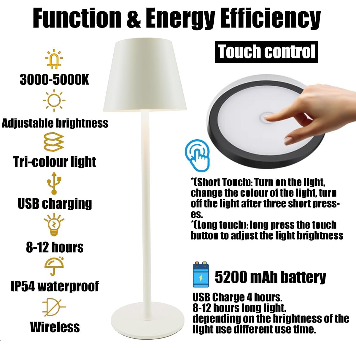 Настільна лампа LED акумуляторна металева 5000 мАг сенсорна IP54 Бежевий макарун, фото №4