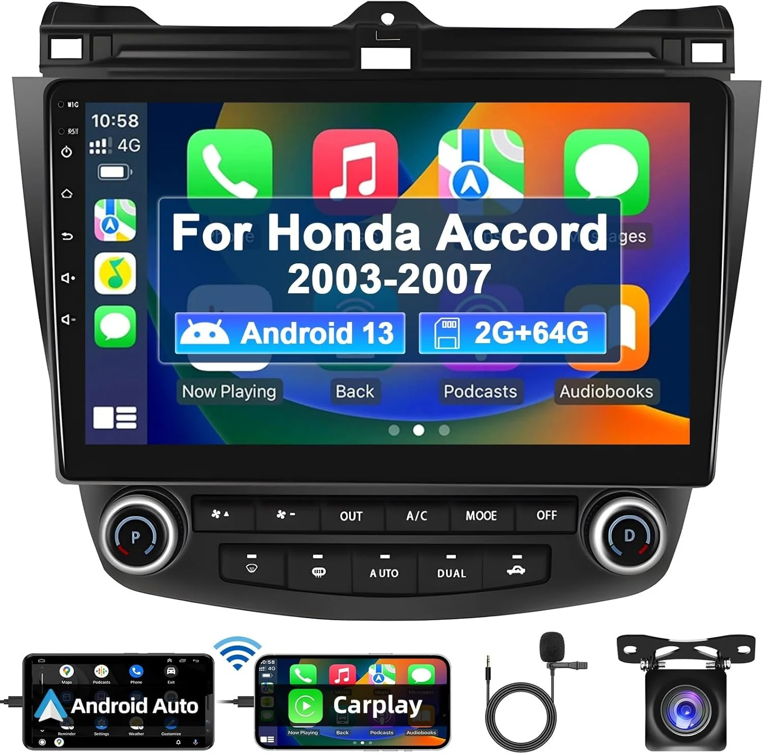Штатная автомагнитола Podofo для Honda Accord 2003-2007 / 10.1" / Сенсорная / 2/64Гб / Android 13 / Apple CarPlay / Android Auto / Bluetooth / WI-FI / GPS / USB, фото №1
