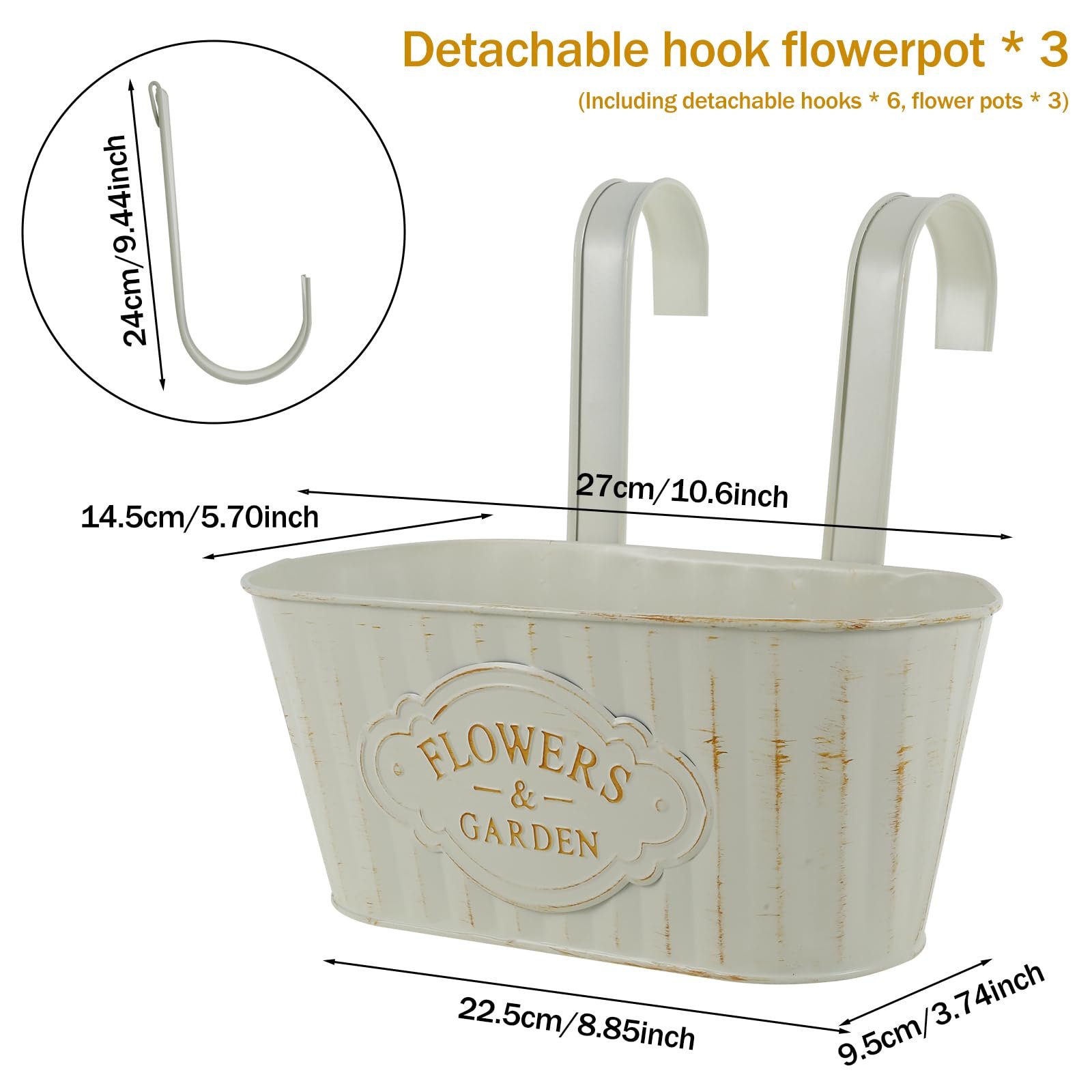 Горщики квіткові підвісні 3 шт. Металеві Вінтажні зі знімними гачками 27 x 14,5 x 24 см Scatter, фото №7