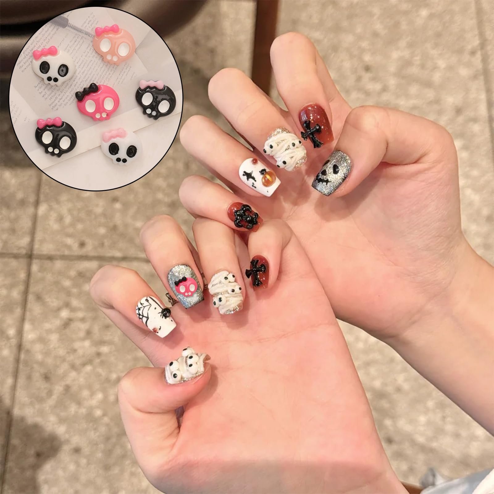 3D Хэллоуинские черепа для ногтей, 60 шт., украшения для ногтей в виде черепов для Хэллоуинской вечеринки, DIY украшения для ногтей, фото №6