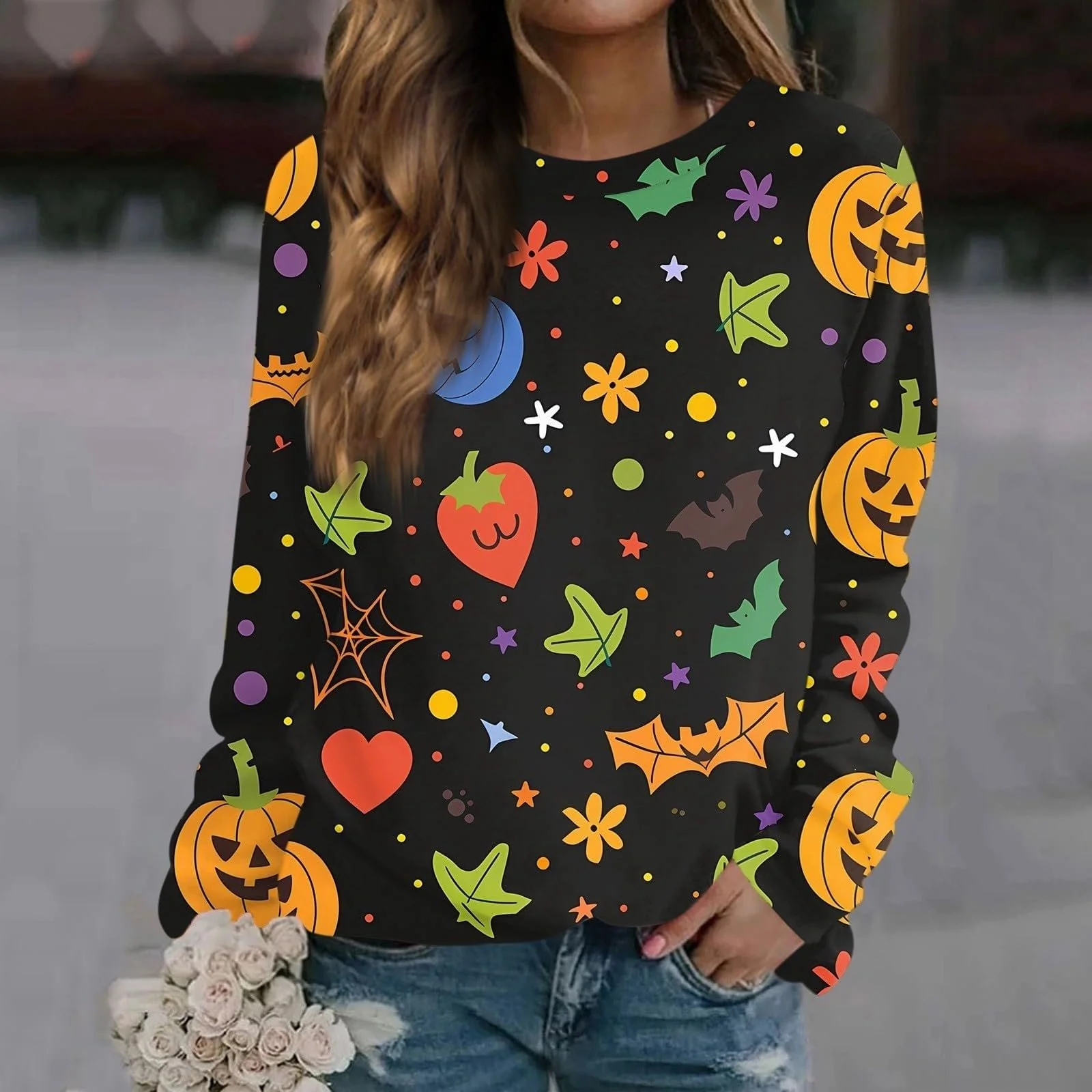 Женский Свитшот Повседневный Теплый Зимний Верх Хэллоуин Свитшот Осенний Забавный Oversized Длинный Рукав Хэллоуин Футболка Зимняя Круглая Шея Винтажный Свитшот Полной Длины, фото №4