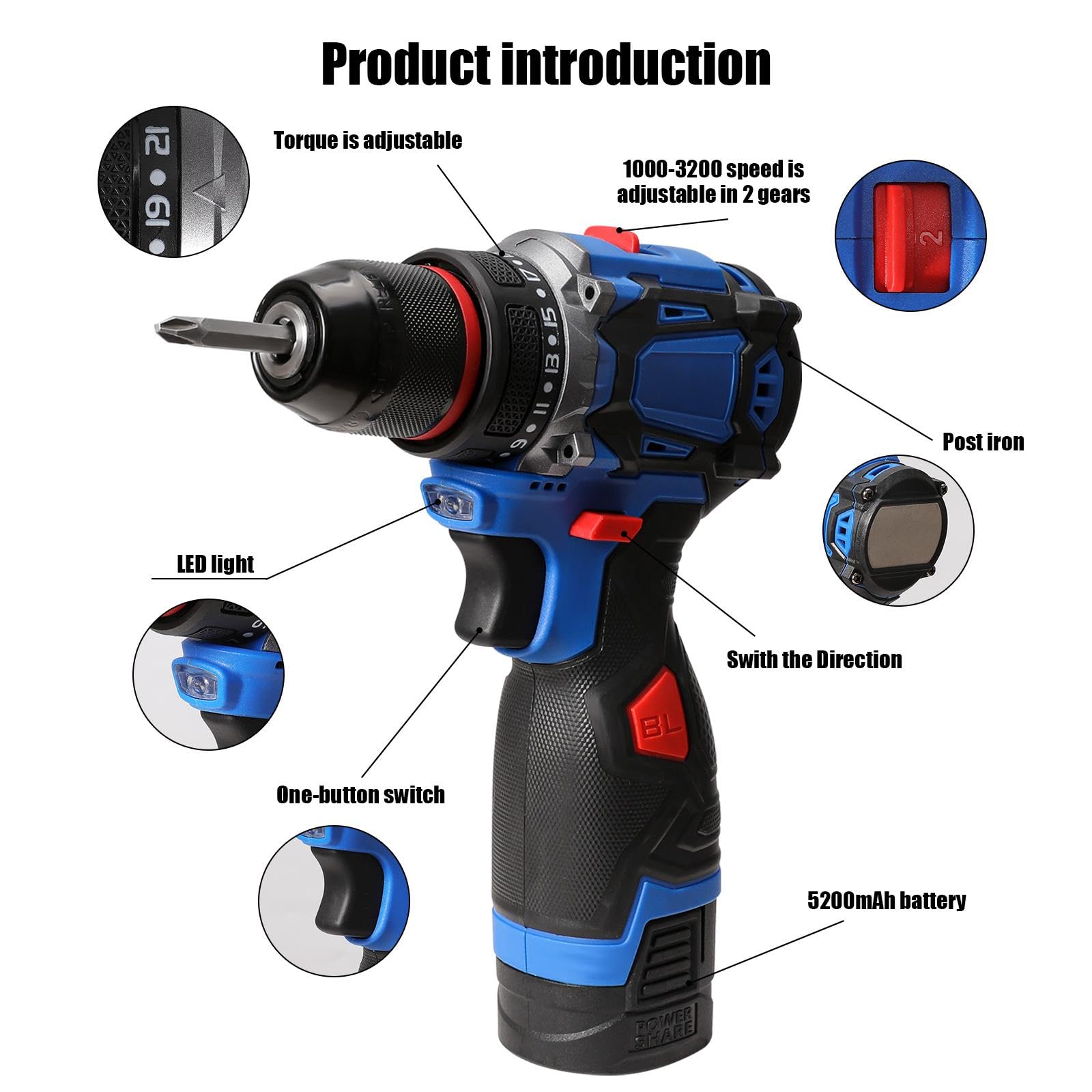 Дрель Cordless Cordless Screwdriver 16.8V 50Nm 25+3 скоростных режима 2 скорости LED 31 аксессуар и кейс DIY, фото №6
