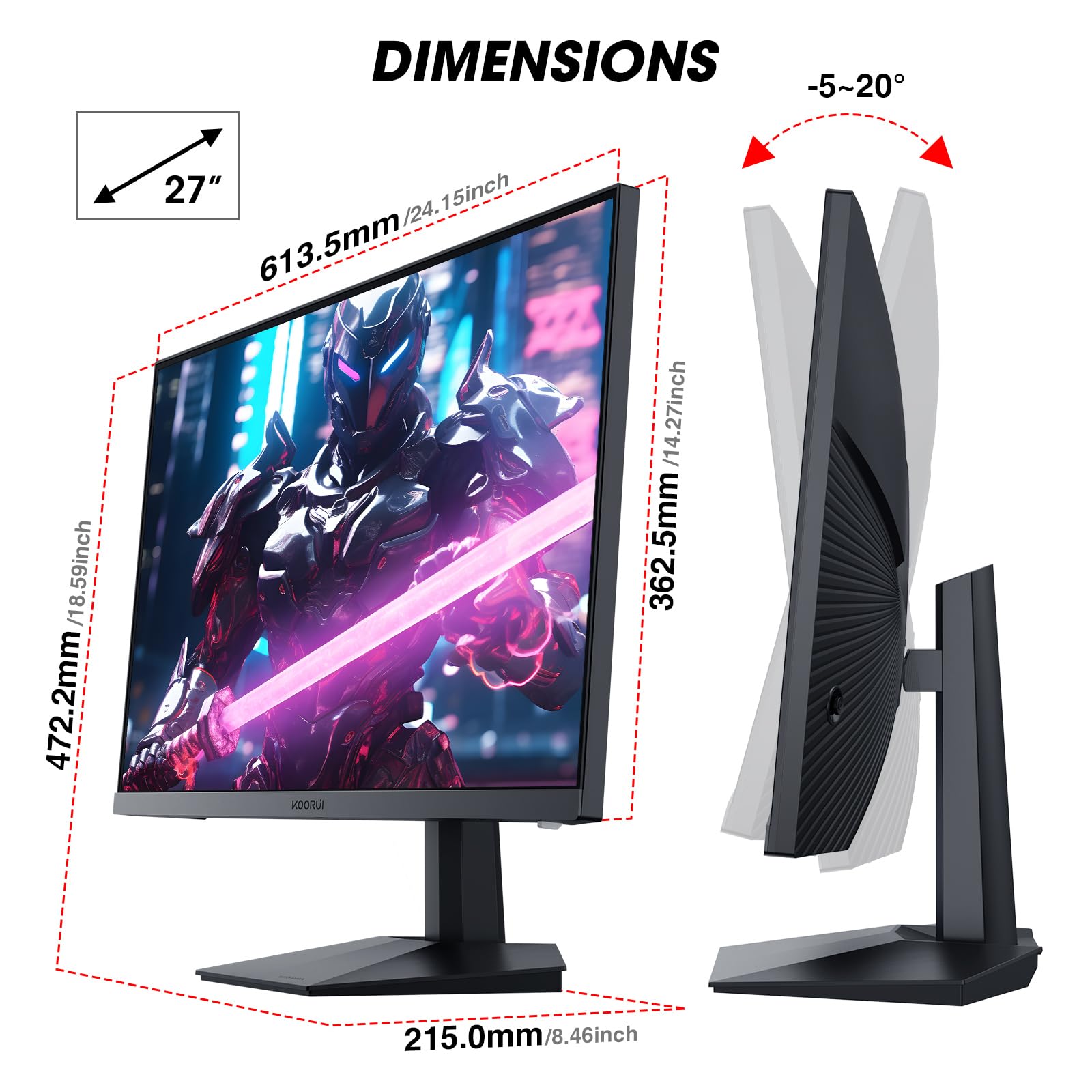Монитор KOORUI Игровой 27 дюймов 240 Гц, 1 мс, FHD (1920 x 1080) DCI-P3 90% цветового пространства, адаптивная синхронизация, регулируемый наклон, HDMI, DP, черный, фото №6