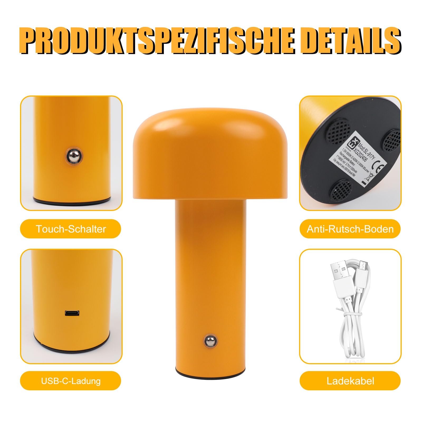 Настільна лампа EXTRASTAR LED Форма гриба Сенсорна 3 колірні температури USB-C Бездротова (Жовта), фото №5