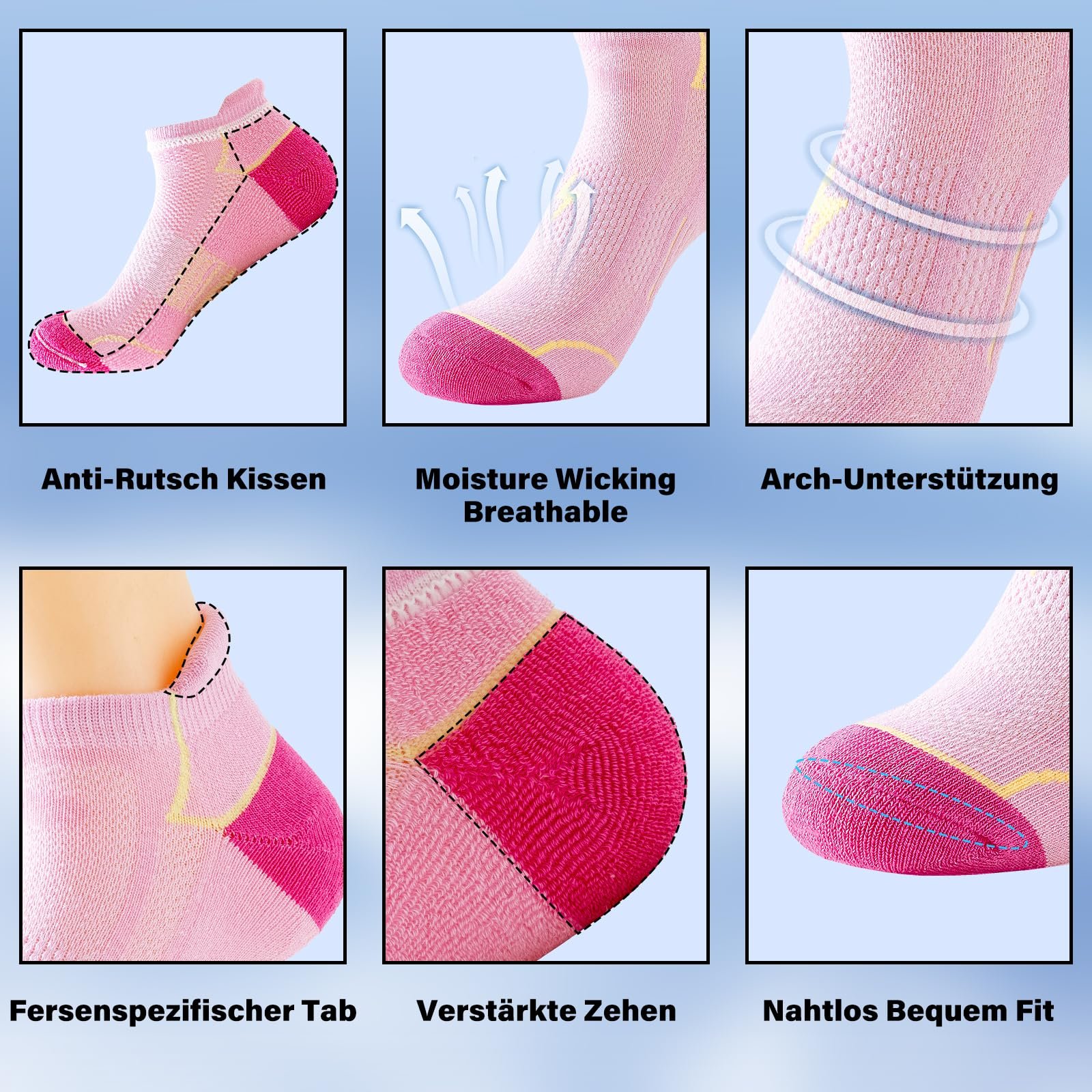 Носки Trainer Женские 39-42, 35-38, Носки Женские Дышащие Анти-пузырь Хлопок 6 пар Спортивные носки Короткие с подкладкой Multi Athletic Running Socks, фото №8