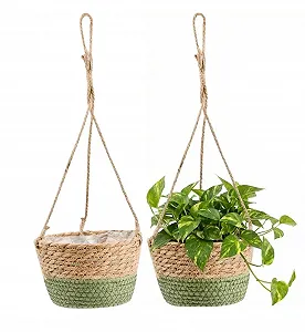 Подвесной цветочный горшок из морской травы набор из 2 штук, плетеный вручную с веревкой, 20 см - Фото 1