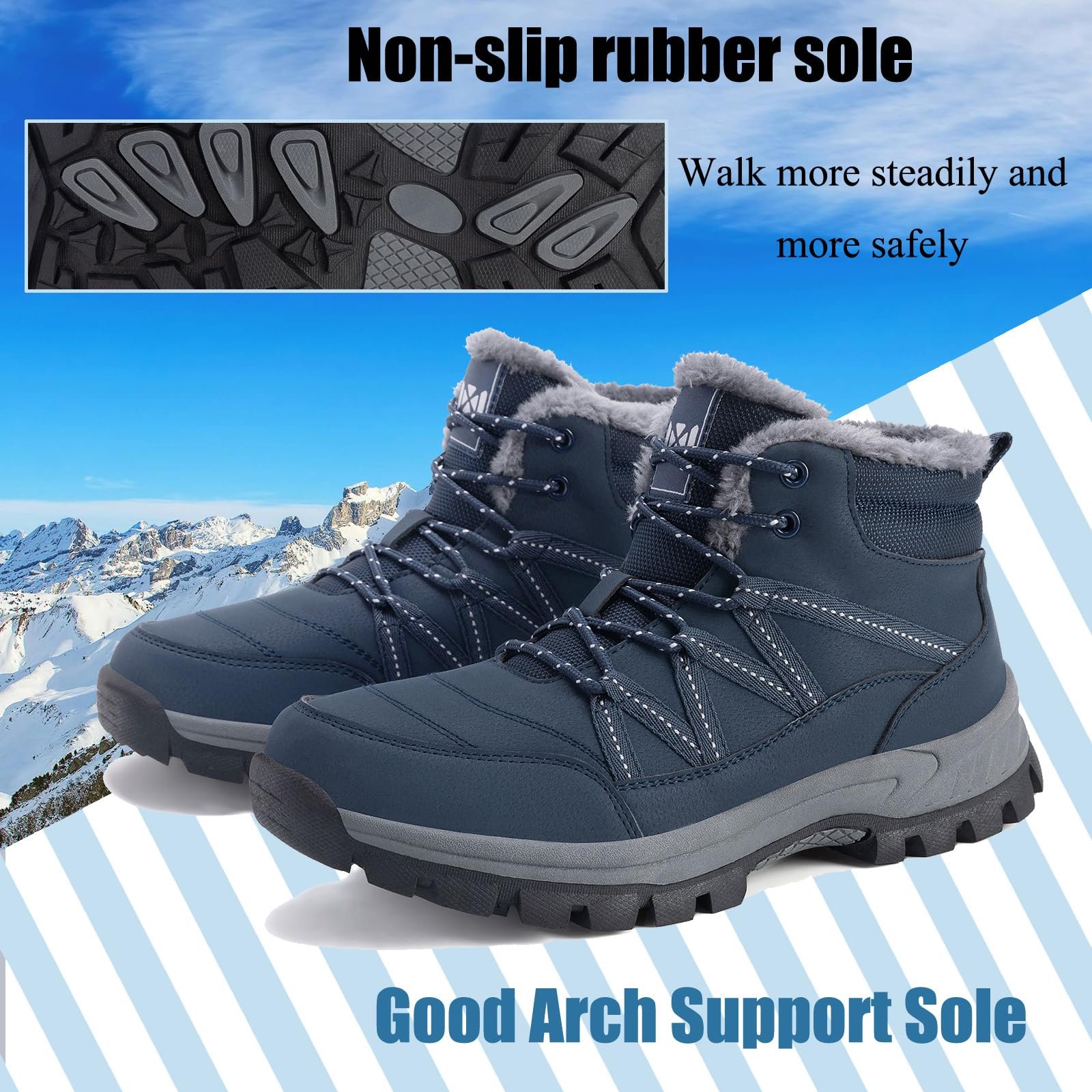 Ботинки ZHNSHM зимние мужские утепленные мехом, нескользящие, легкие, водонепроницаемые ботинки для активного отдыха и походов, фото №4