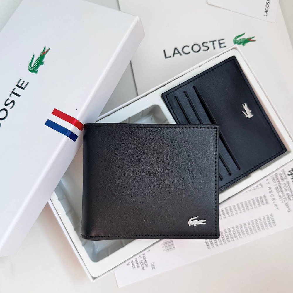 Чоловіче брендовий гаманець із натуральної шкіри Lacoste чорний в подарунковій коробці з картхолдером, фото №2